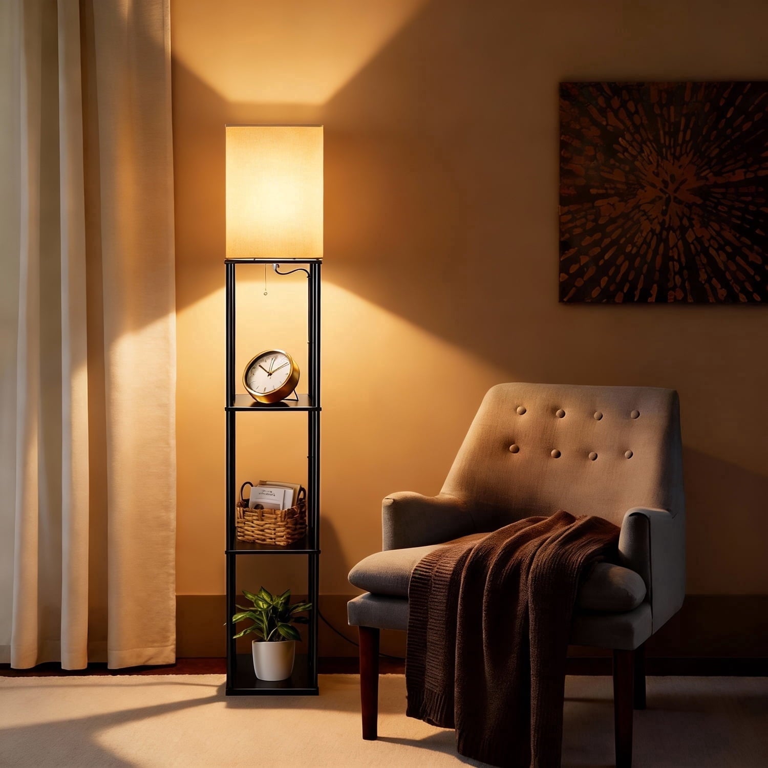 Cozylumi™ Coliware 63" Black Floor Lamp with Shelves, 3-Tier Wood Modern Standing Lamp