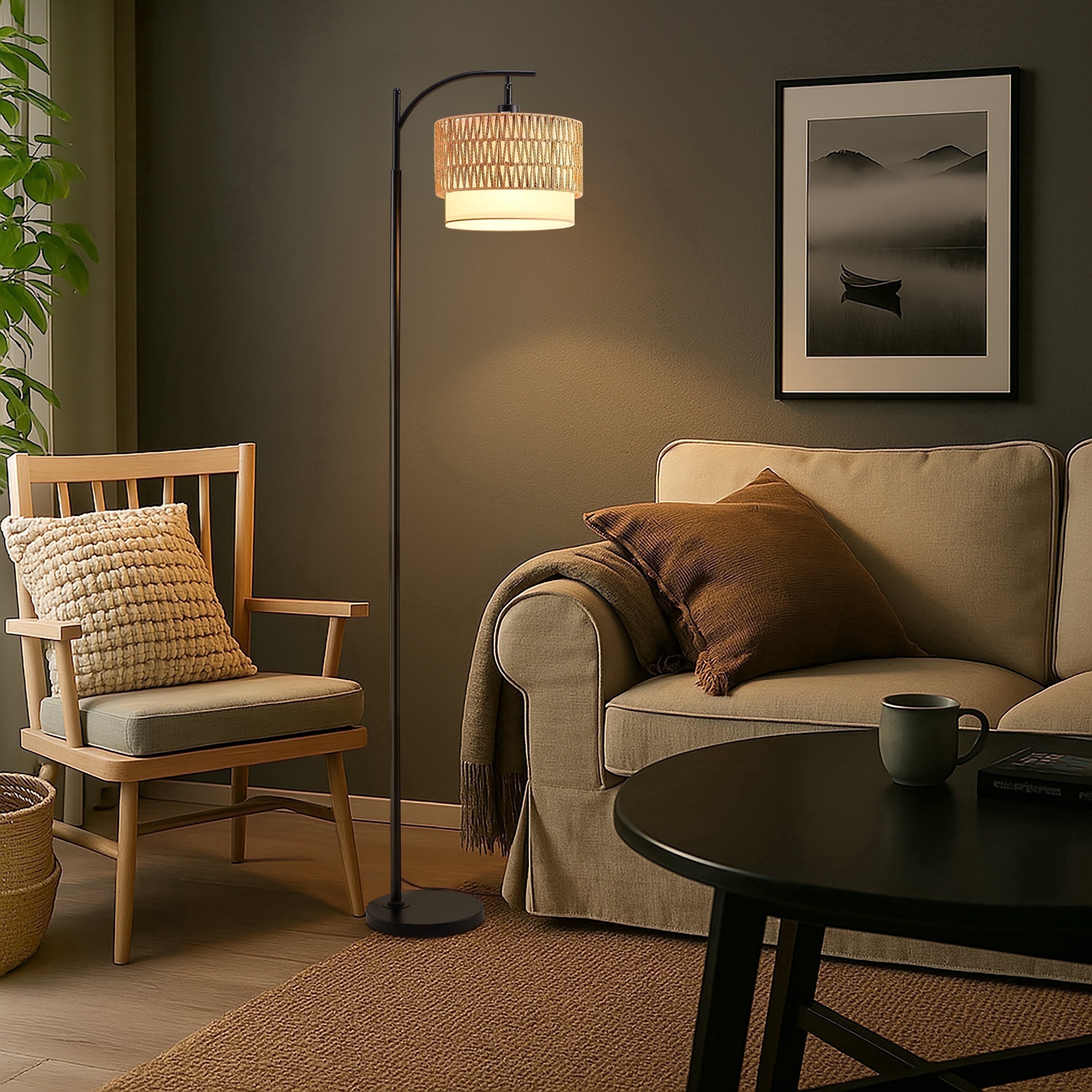 Cozylumi™ Coliware Rattan Floor Lamp for Living Room, Standing Lamp with Double Drum