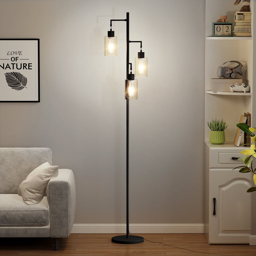 Cozylumi™ DRNANLIT 3-Light Industrial Floor Lamp with Clear Glass Shades, Black