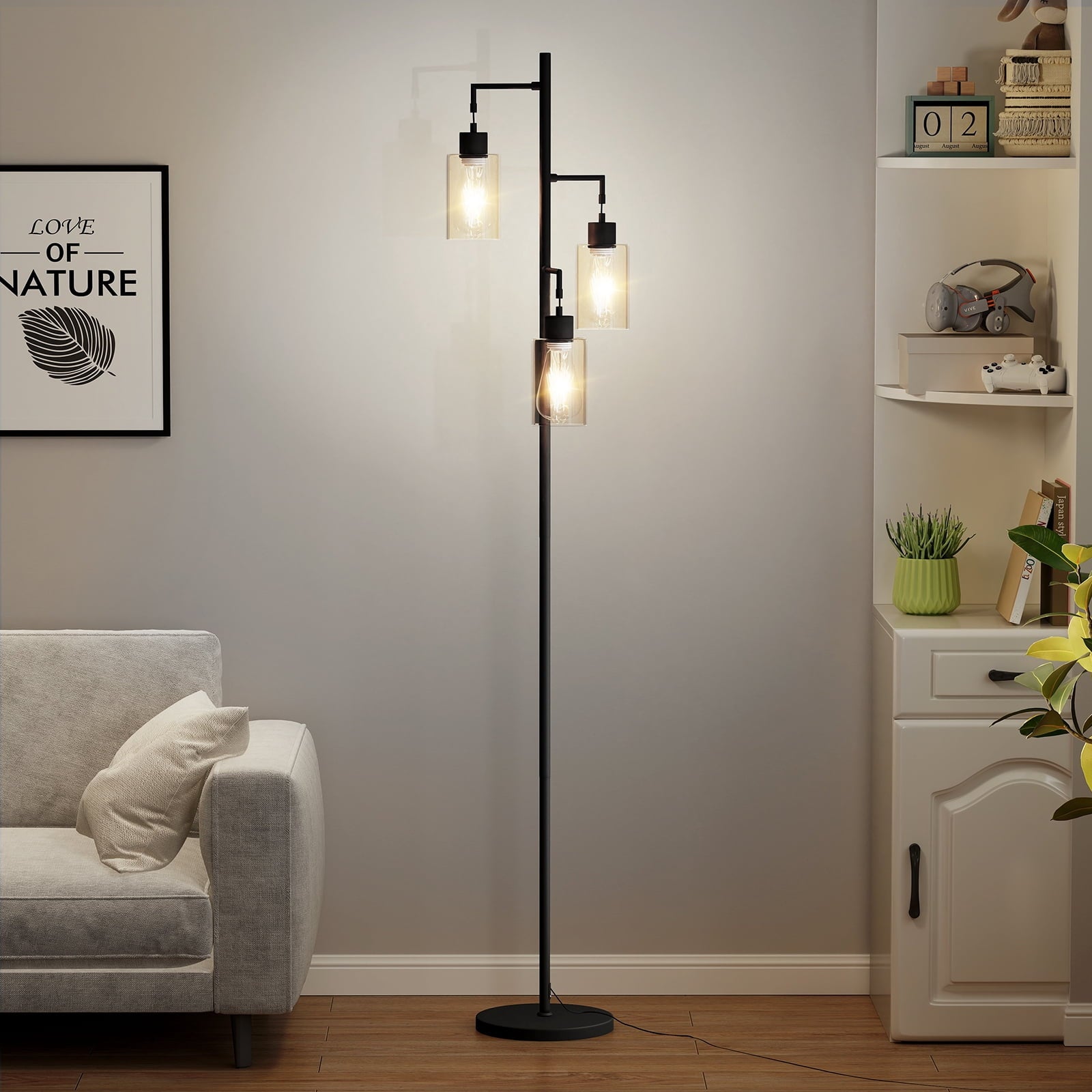 Cozylumi™ DRNANLIT 3-Light Industrial Floor Lamp with Clear Glass Shades, Black