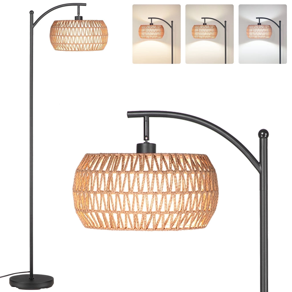 Cozylumi™ 63'' Dimmable Arc Rattan Floor Lamp, Black Standing Lamp with Rattan & Fabric