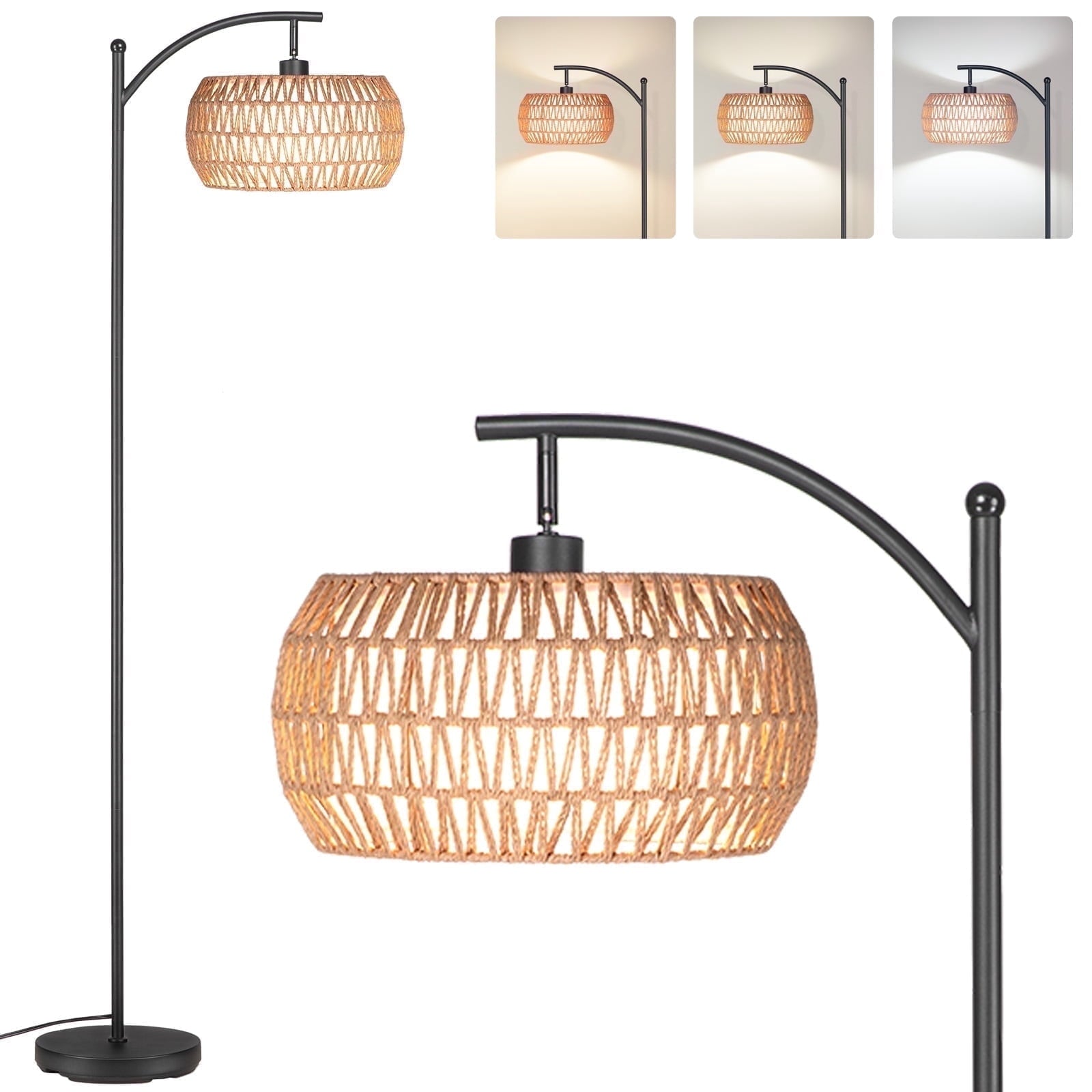 Cozylumi™ 63'' Dimmable Arc Rattan Floor Lamp, Black Standing Lamp with Rattan & Fabric