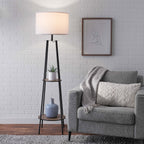 Cozylumi™ Etagere 62" Matte Black Mid-Century Style Floor Lamp, with 2 Wood Shelves