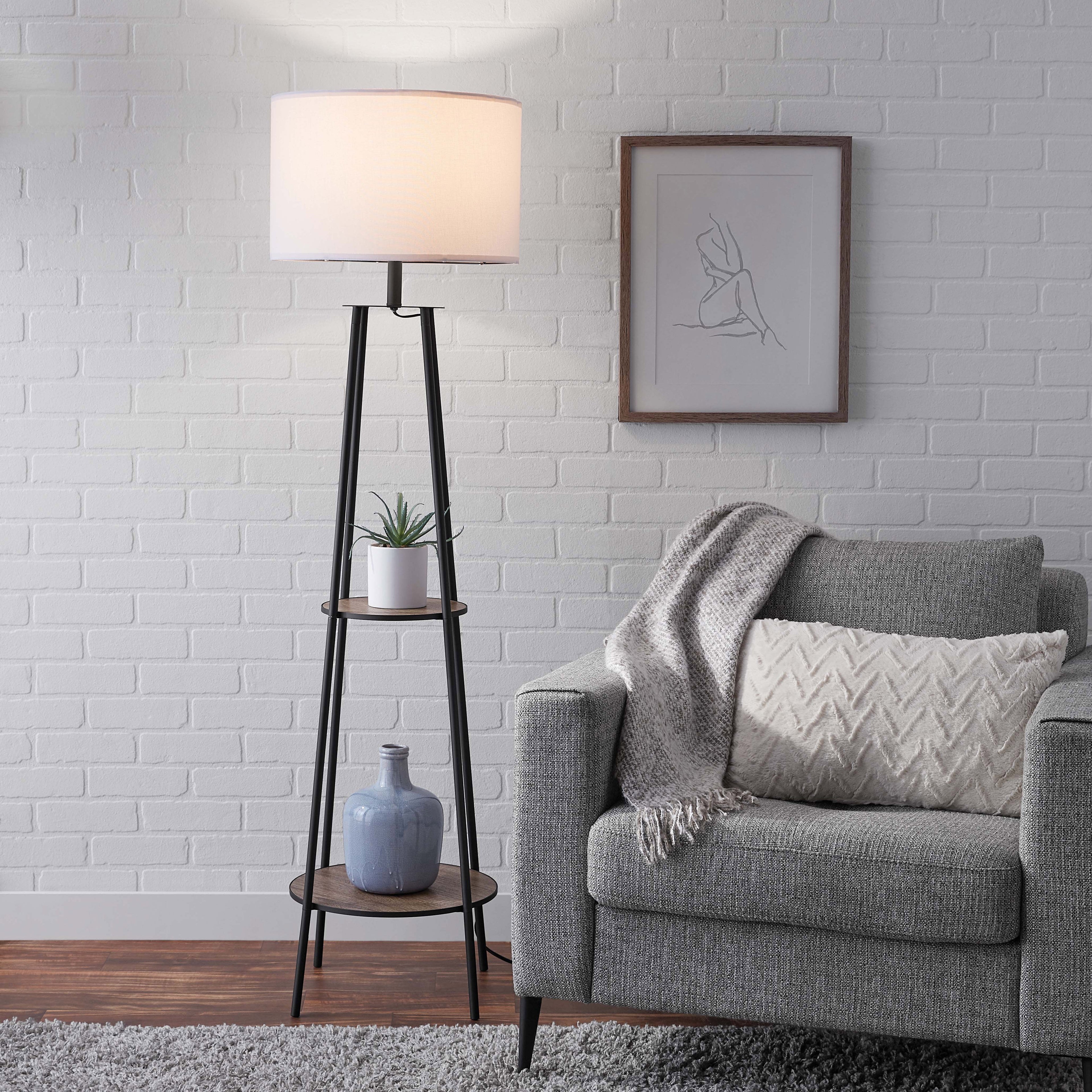 Cozylumi™ Etagere 62" Matte Black Mid-Century Style Floor Lamp, with 2 Wood Shelves
