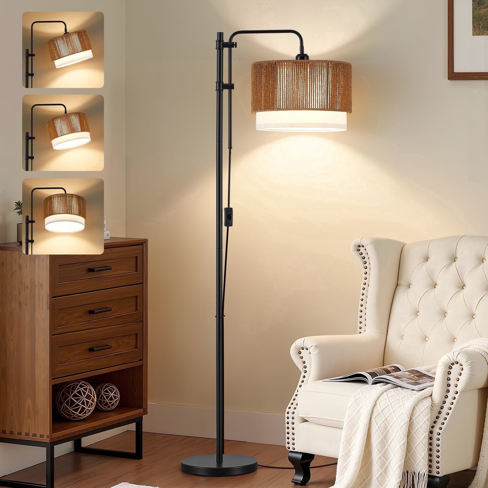 Cozylumi™ Rattan Floor Lamp for Living Room, 3 Color Temperatures LED Bulb Included