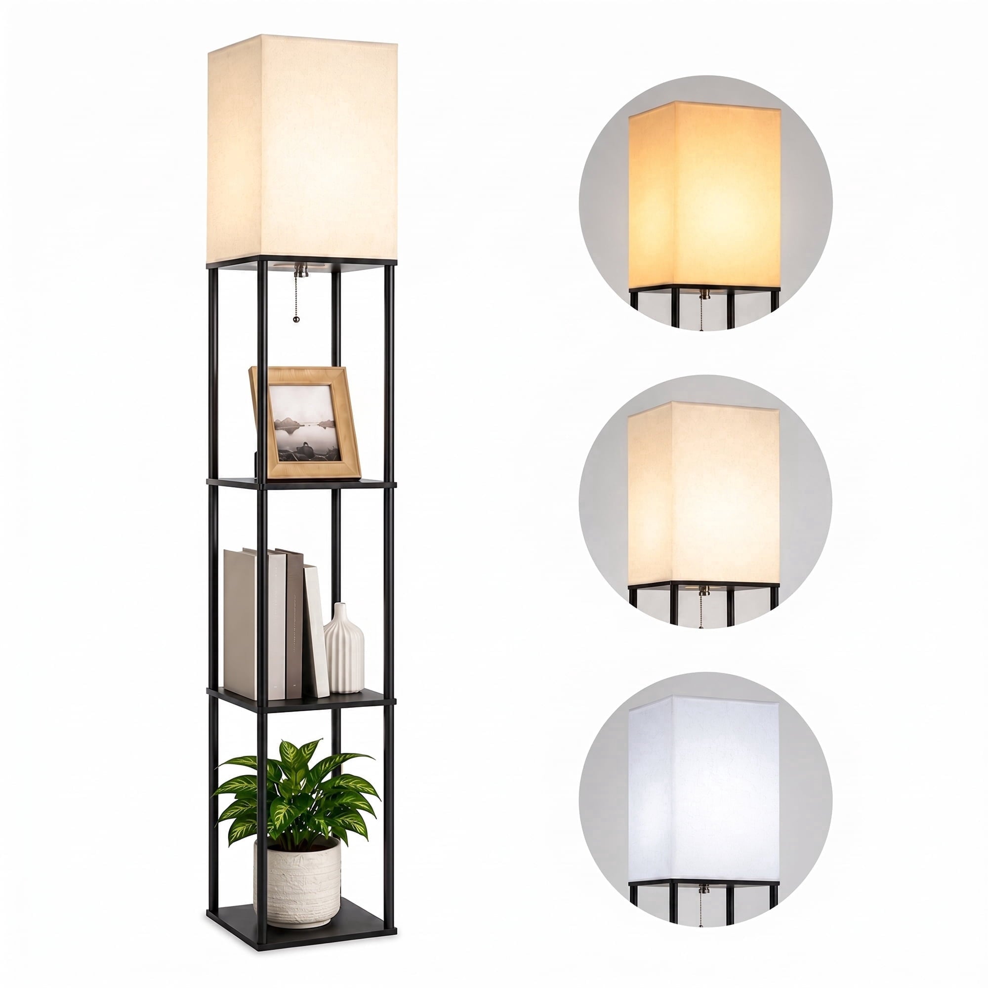 Cozylumi™ Floor Lamp With Shelves, 62 Black Shelf Floor Lamp with 9W LED Bulb, 3 Color