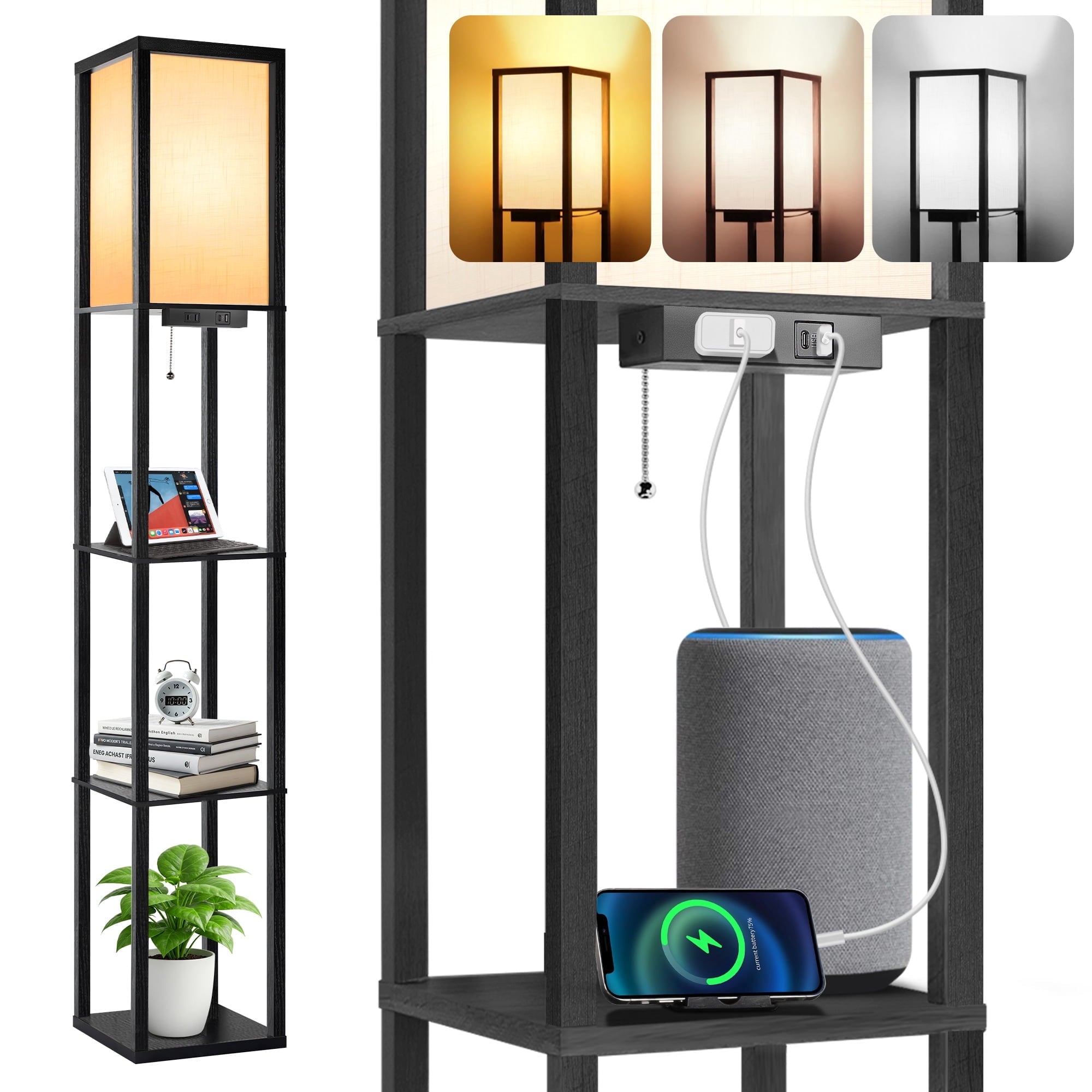 Cozylumi™ Floor Lamp with Shelves, Standing Lamp with USB & Type C & Power Outlet, 3