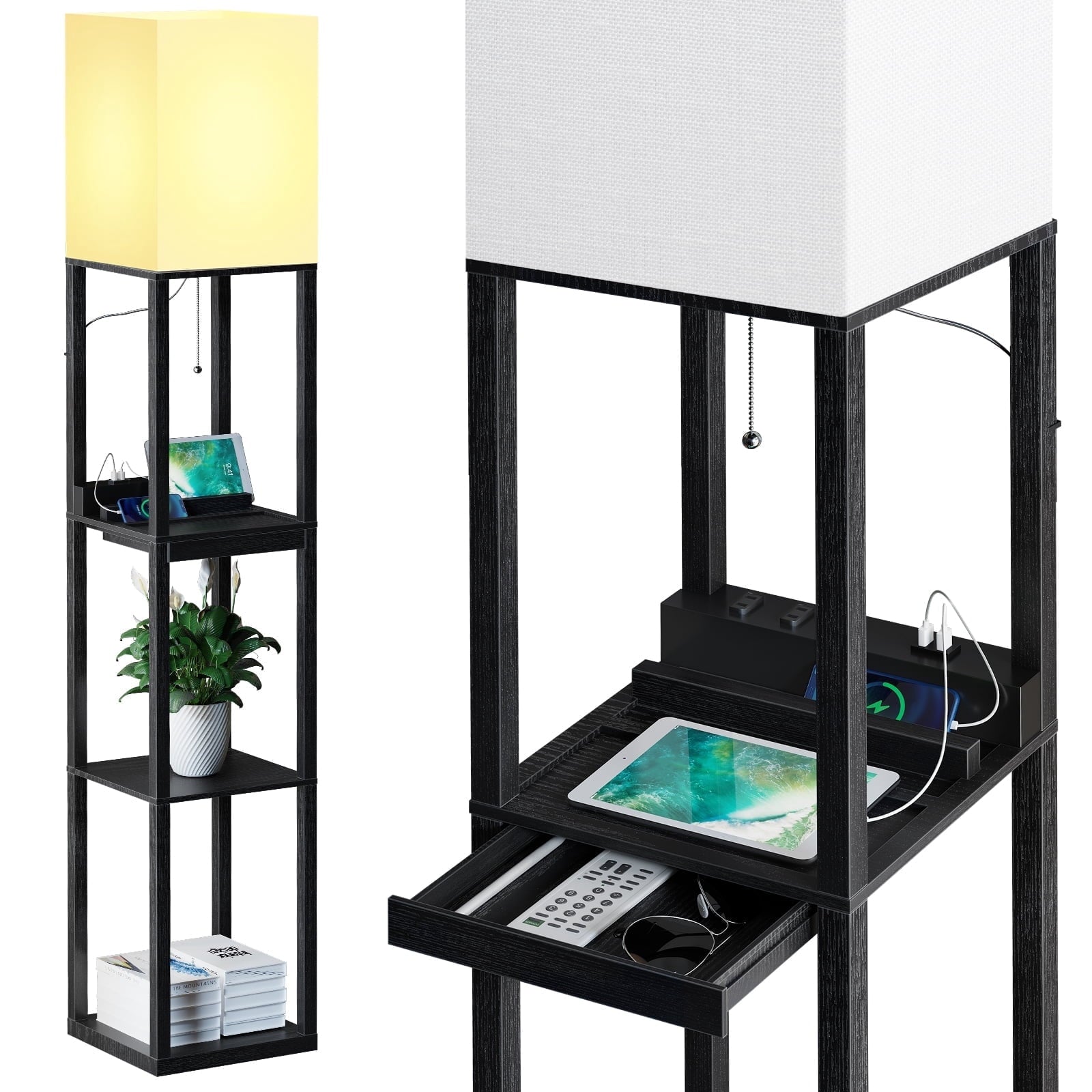 Cozylumi™ Floor Lamp with Shelves,Modern Dimmable Solid Wood Standing Lamp with 1