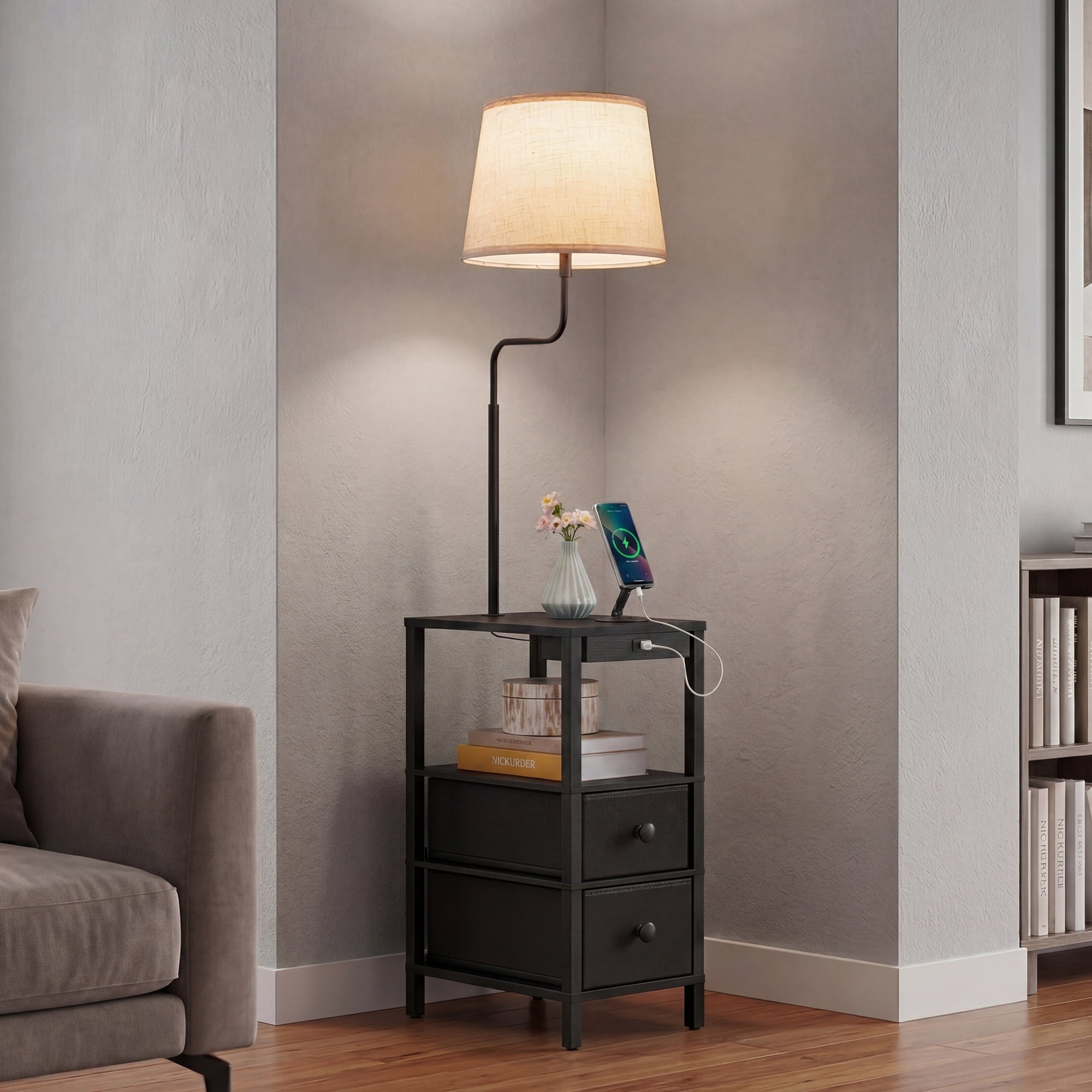 Cozylumi™ 58.2in Floor Lamps with Table for Living Room, USB Charge, Rustic Farmhouse