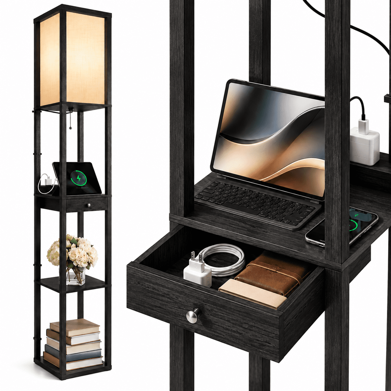 Cozylumi™ Floor Lamp with Shelves & Drawer, LED Standing Lamps with 3 Color