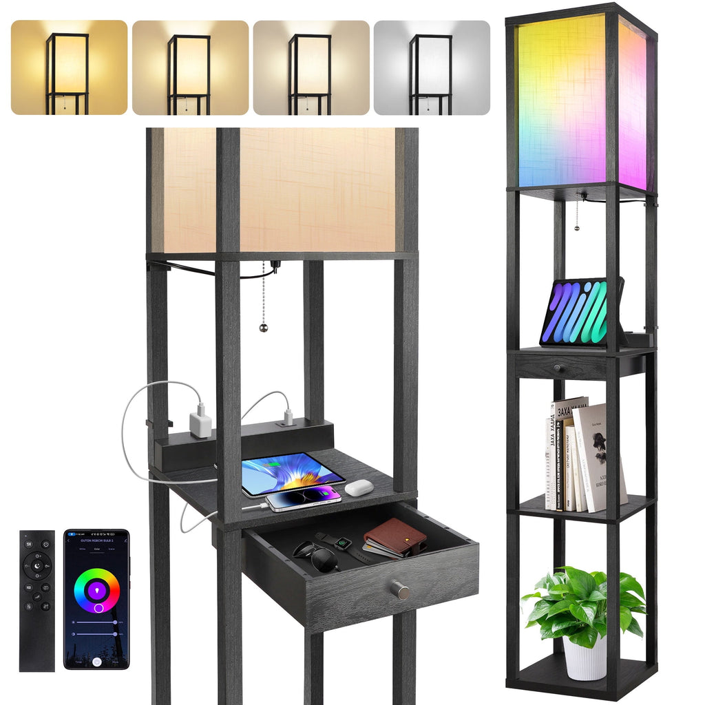 Cozylumi™ Floor Lamp with Shelves & Drawer, RGB LED Standing Lamps with 4 Color