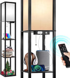 Cozylumi™ Floor Lamp with Shelves and Charging, 63.7'' Dimmable Standing Tall Wood