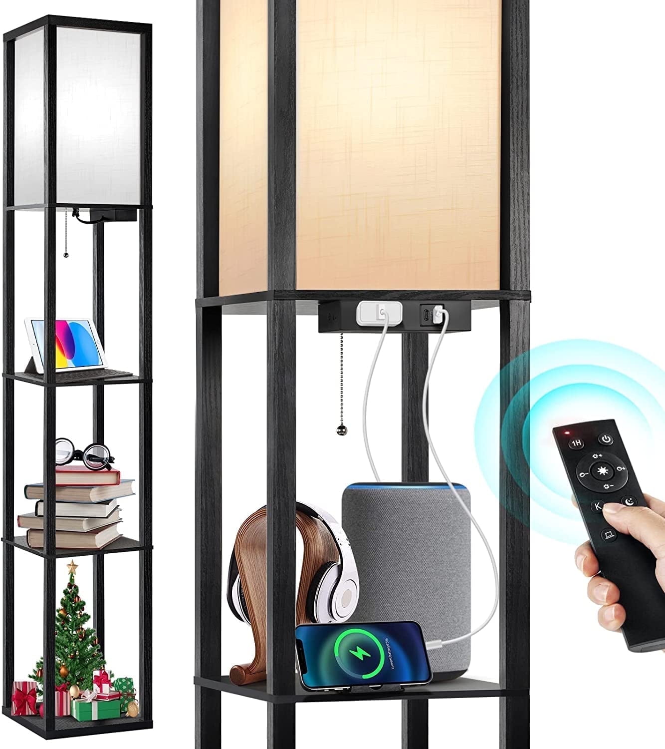 Cozylumi™ Floor Lamp with Shelves and Charging, 63.7'' Dimmable Standing Tall Wood