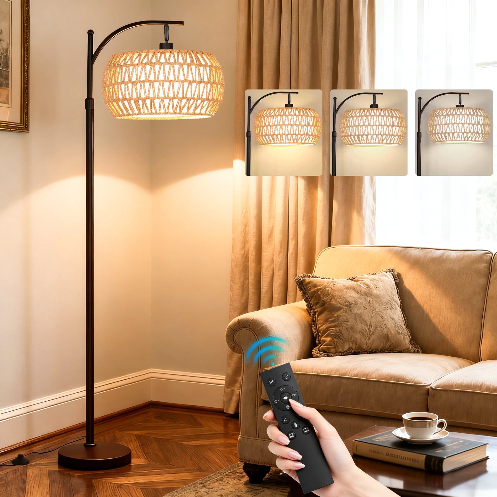Cozylumi™ 70'' Dimmable Arc Rattan Floor Lamp Standing Lamp with Rattan & Fabric Double