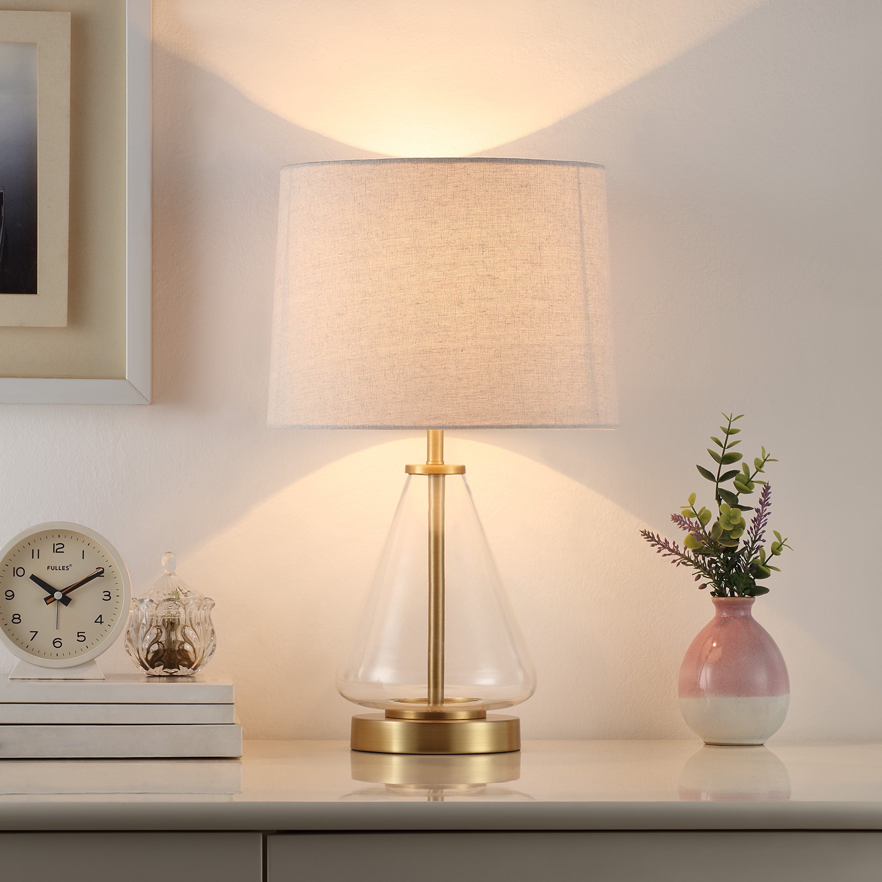 Cozylumi™ 18 in Clear Glass Table Lamp with Brass Metal Base and Beige Shade