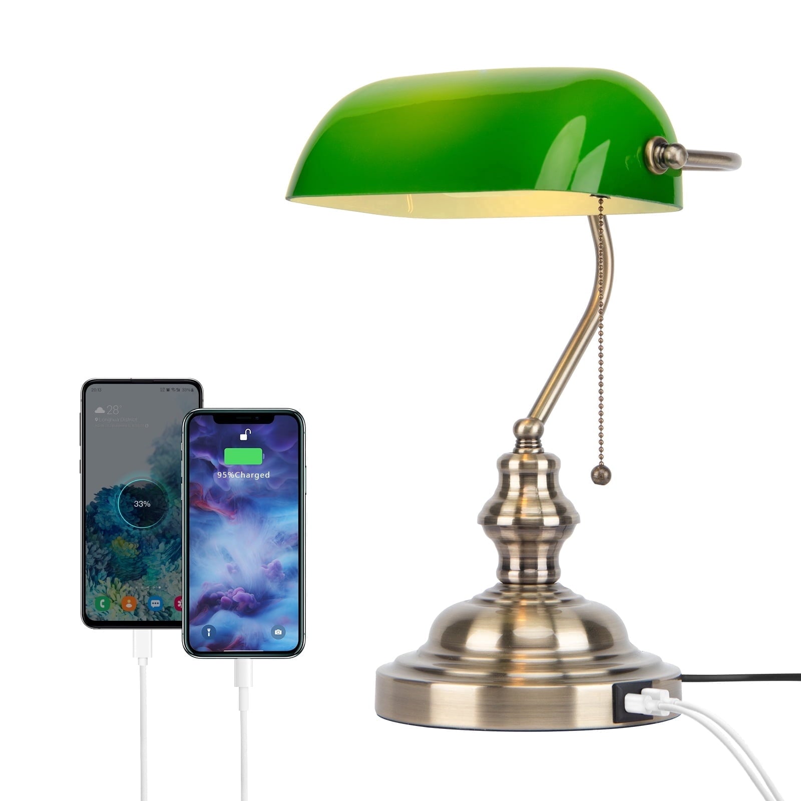 Cozylumi™ Novaretro Vintage Green Glass Bankers Floor Lamp with Adjustable Arm & Pull