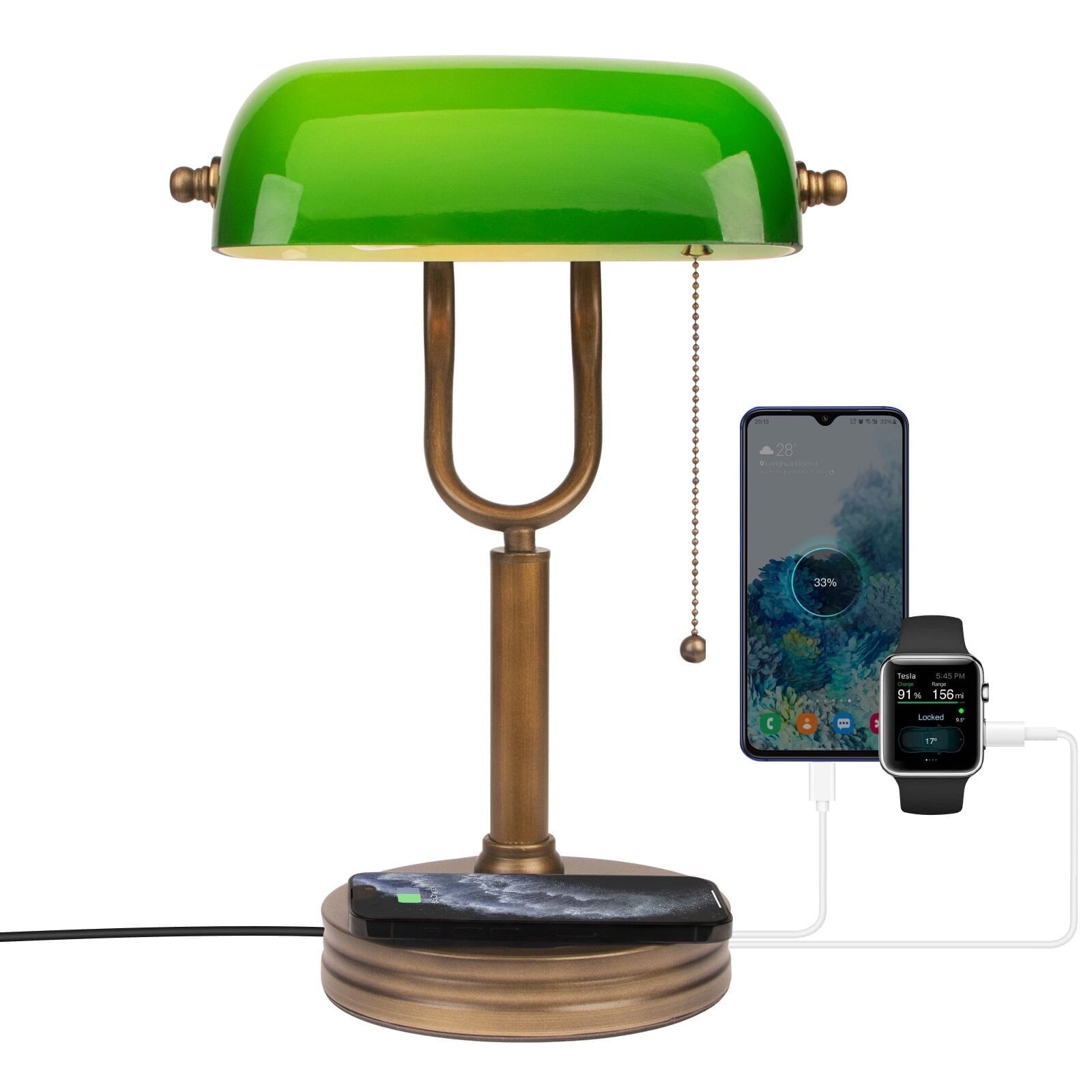 Cozylumi™ Novaretro Vintage Green Glass Bankers Floor Lamp with Adjustable Arm & Pull