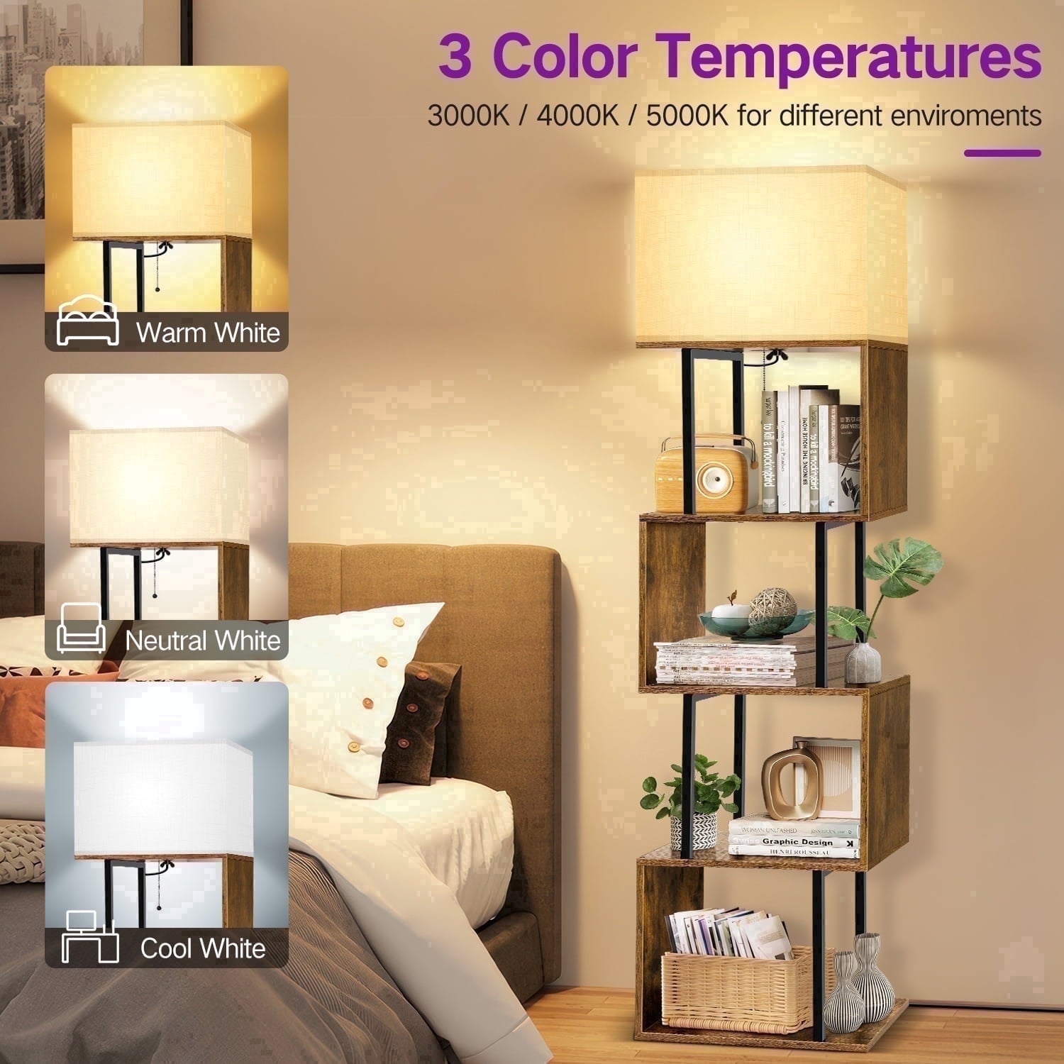 Cozylumi™ LIFE Floor Lamp with Shelves & Remote, 4-Tier Dimmable S Shape Standing Lamp