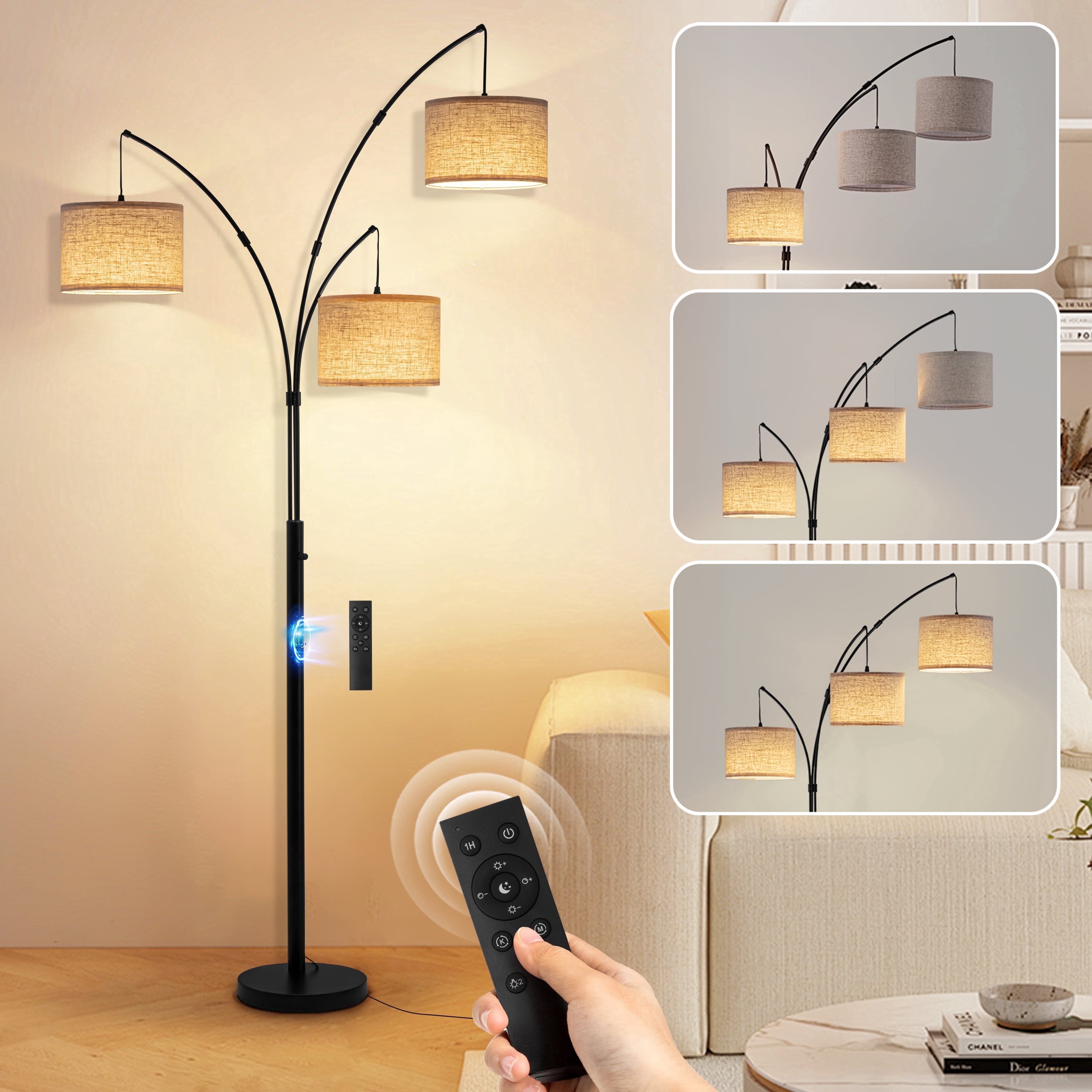 Cozylumi™ Netin 80 3-Light Modern Dimmable Black Arc Floor Lamp with Beige Shades