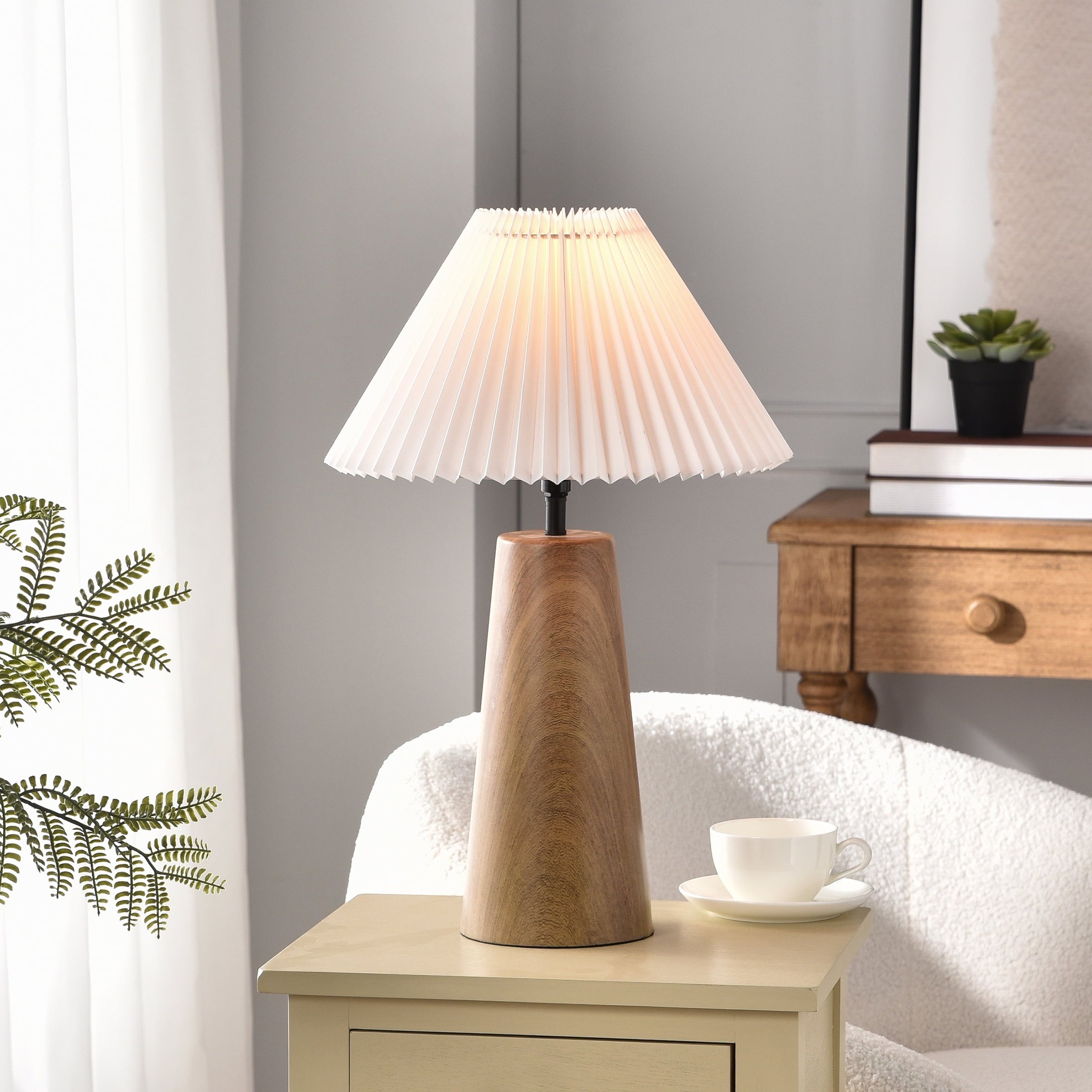 Cozylumi™ Table Lamp, Wood Grain Finish with Pleated Shade