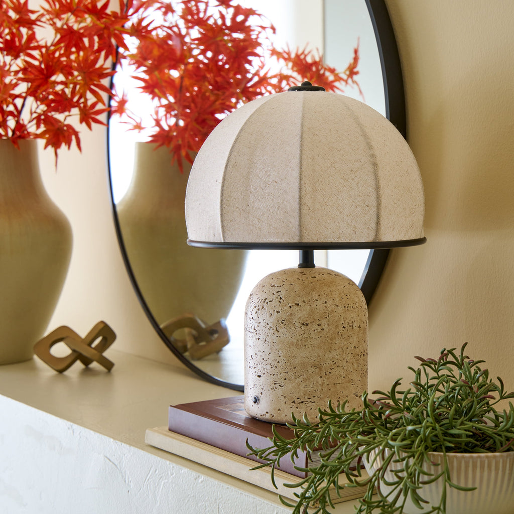 Cozylumi™ Rechargeable 14 in Stone Gourd Table Lamp with Fabric Dome Shade