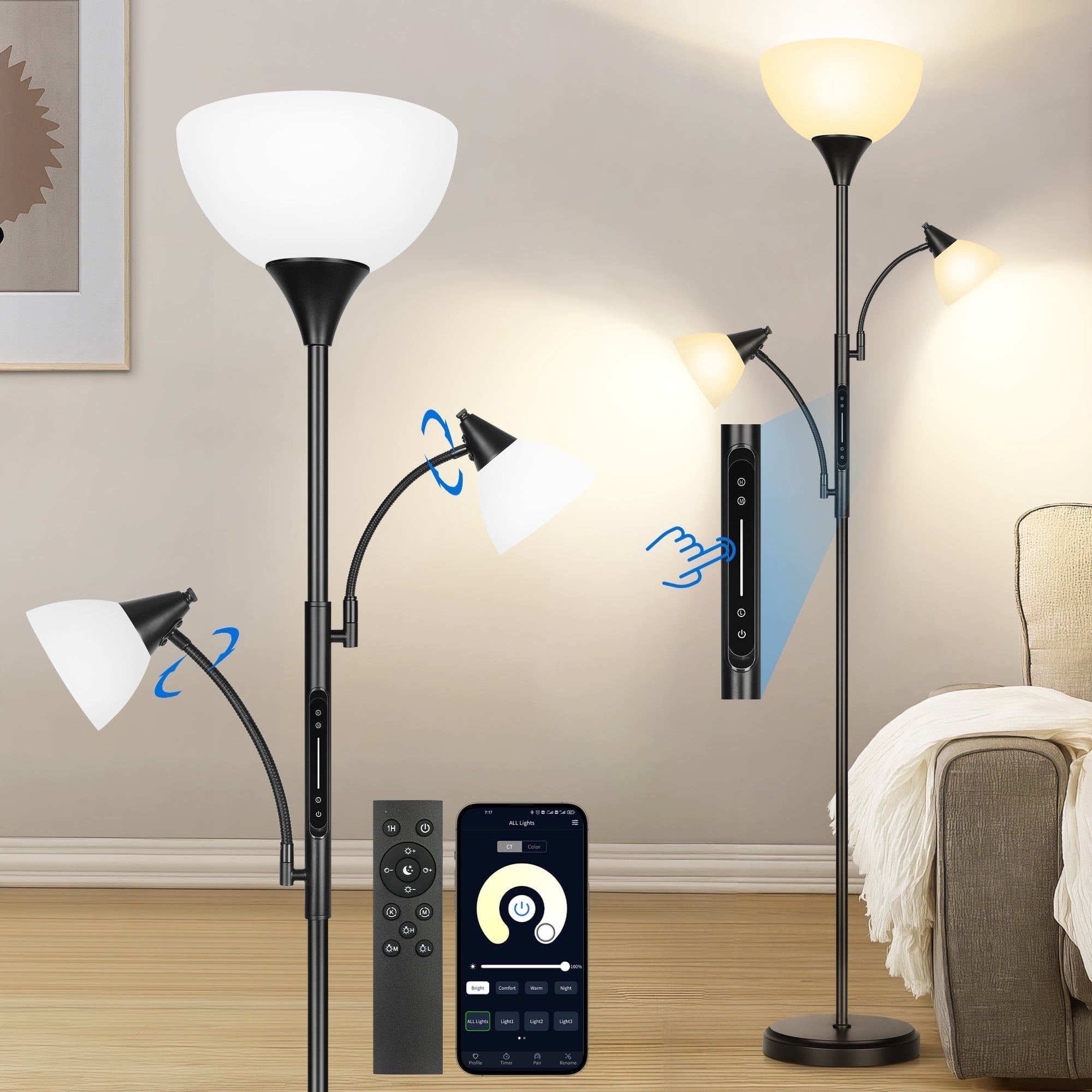 Cozylumi™ Floor Lamp with Reading Light for Living Room, LED Standing Lampwith Remote