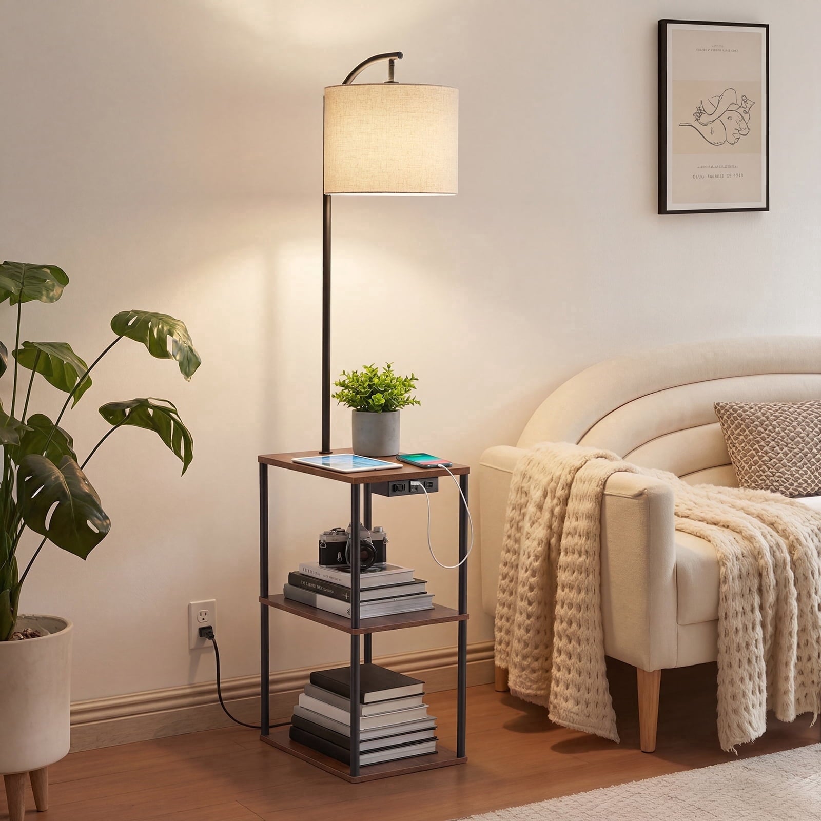 Cozylumi™ Vesteel Floor Lamp with Table, End Table with Charging Station USB & Type-C &