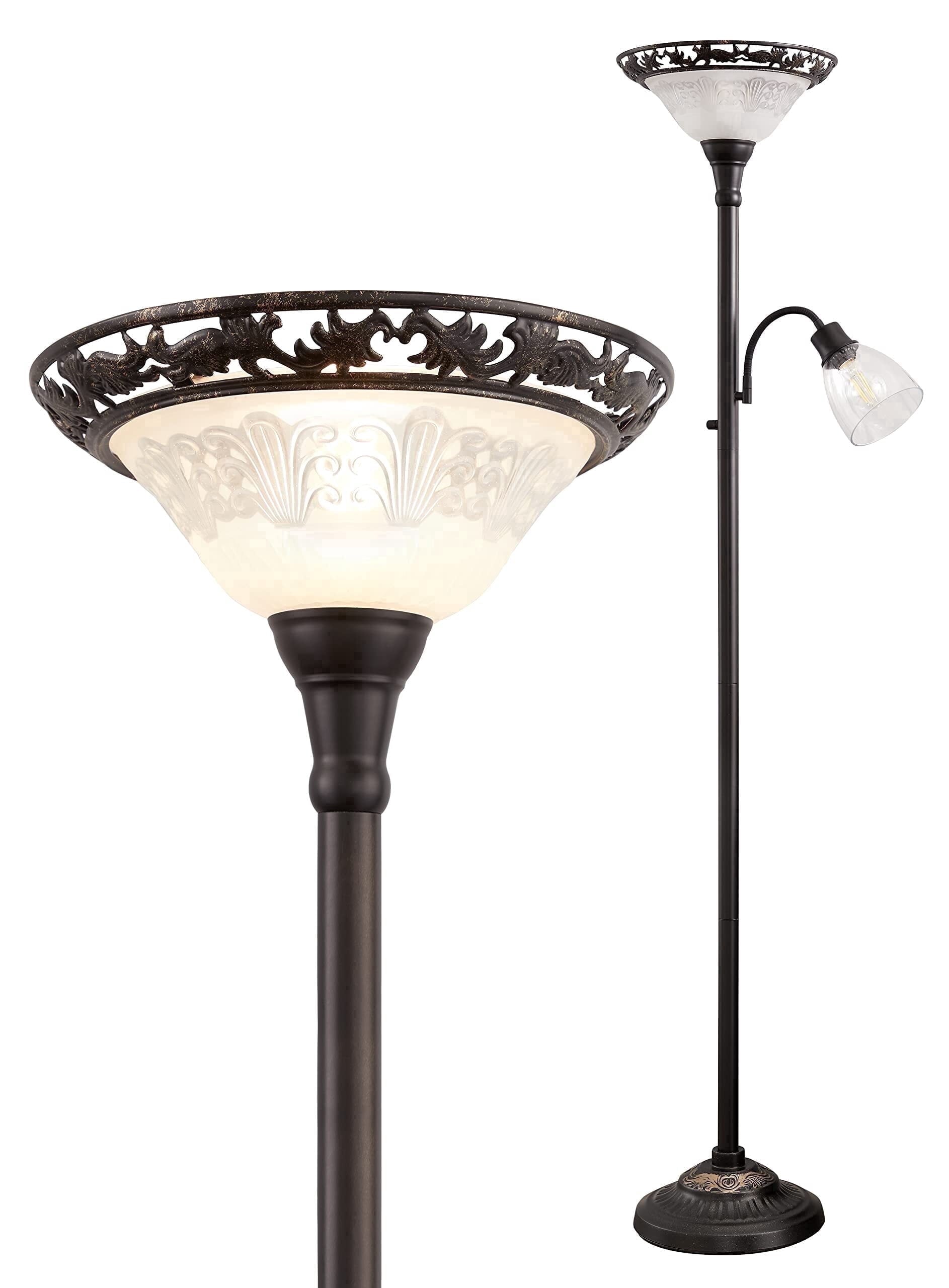 Cozylumi™ 70" Victorian Floor Lamp, Etched Glass Shade, Metal Body & Heavy Base