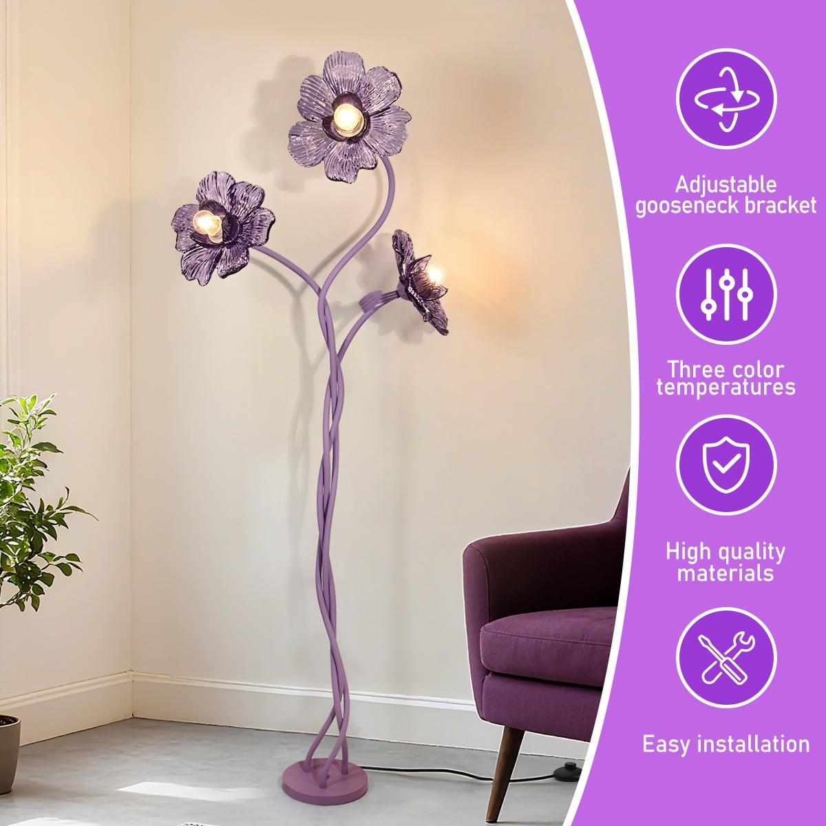 Cozylumi™ Vintage Flower Floor Lamp for Girls' Bedroom, Cute 3 Heads Floor Reading