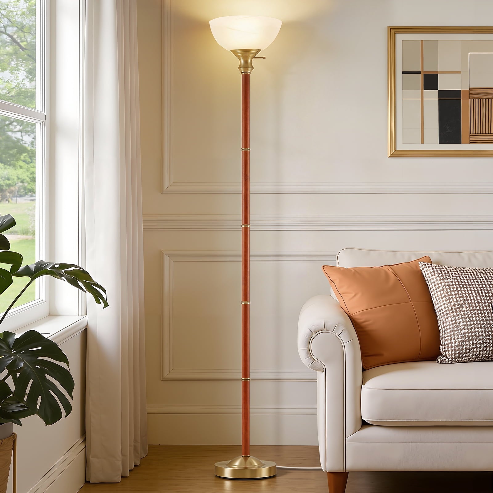Cozylumi™ Wood Floor Lamp for Living Room - Gold Standing Lamp with Glass Shade Floor