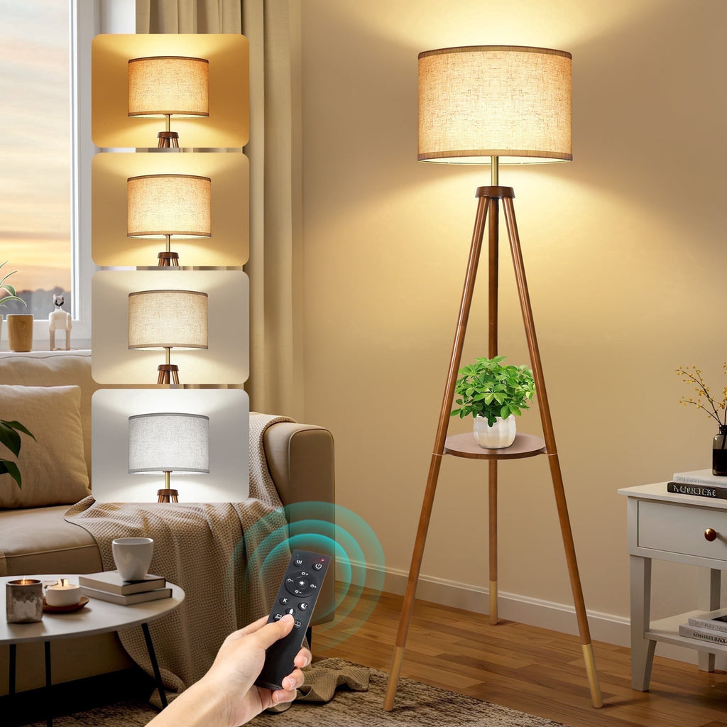 Cozylumi™ Wood Tripod Floor Lamp with Shelves, Dimmable Standing Lamps with Remote