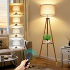 Cozylumi™ Wood Tripod Floor Lamp with Shelves, Dimmable Standing Lamps with Remote