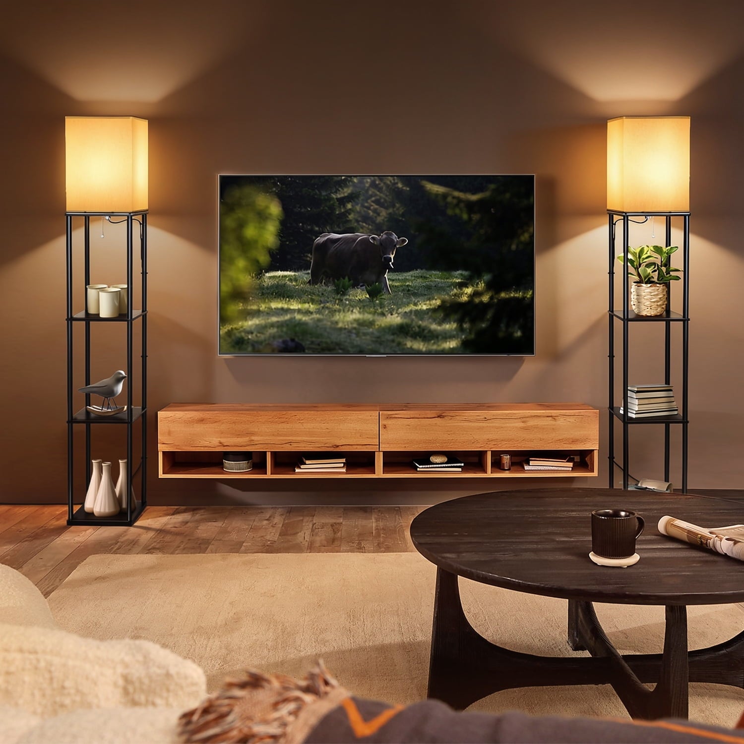 Cozylumi™ Coliware 63" Black Floor Lamp with Shelves, 3-Tier Wood Modern Standing Lamp