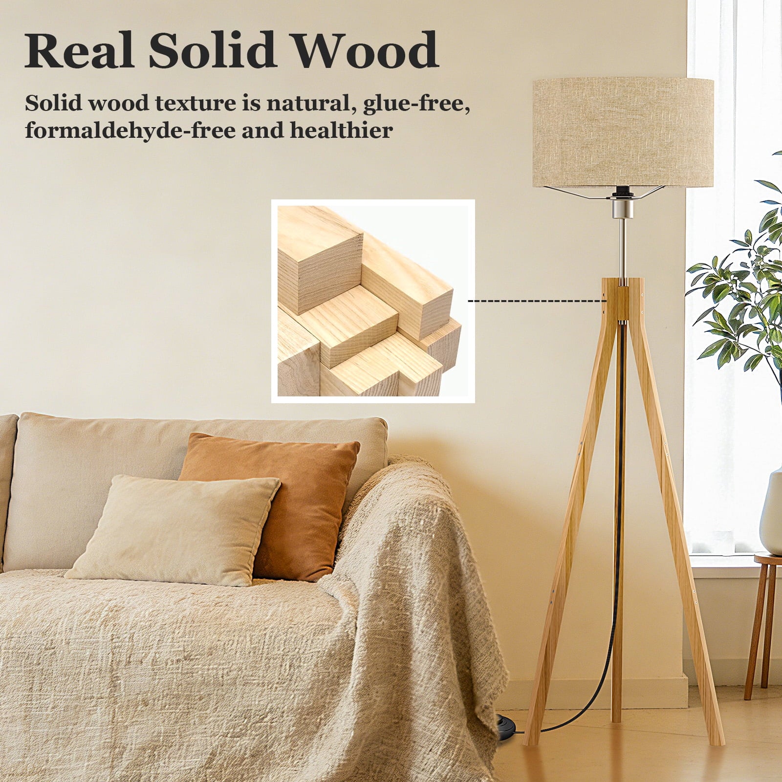 Cozylumi™ BLITZWILL Natural Wood Tripod Floor Lamp,Includes Light Bulb,E26 Base,LED