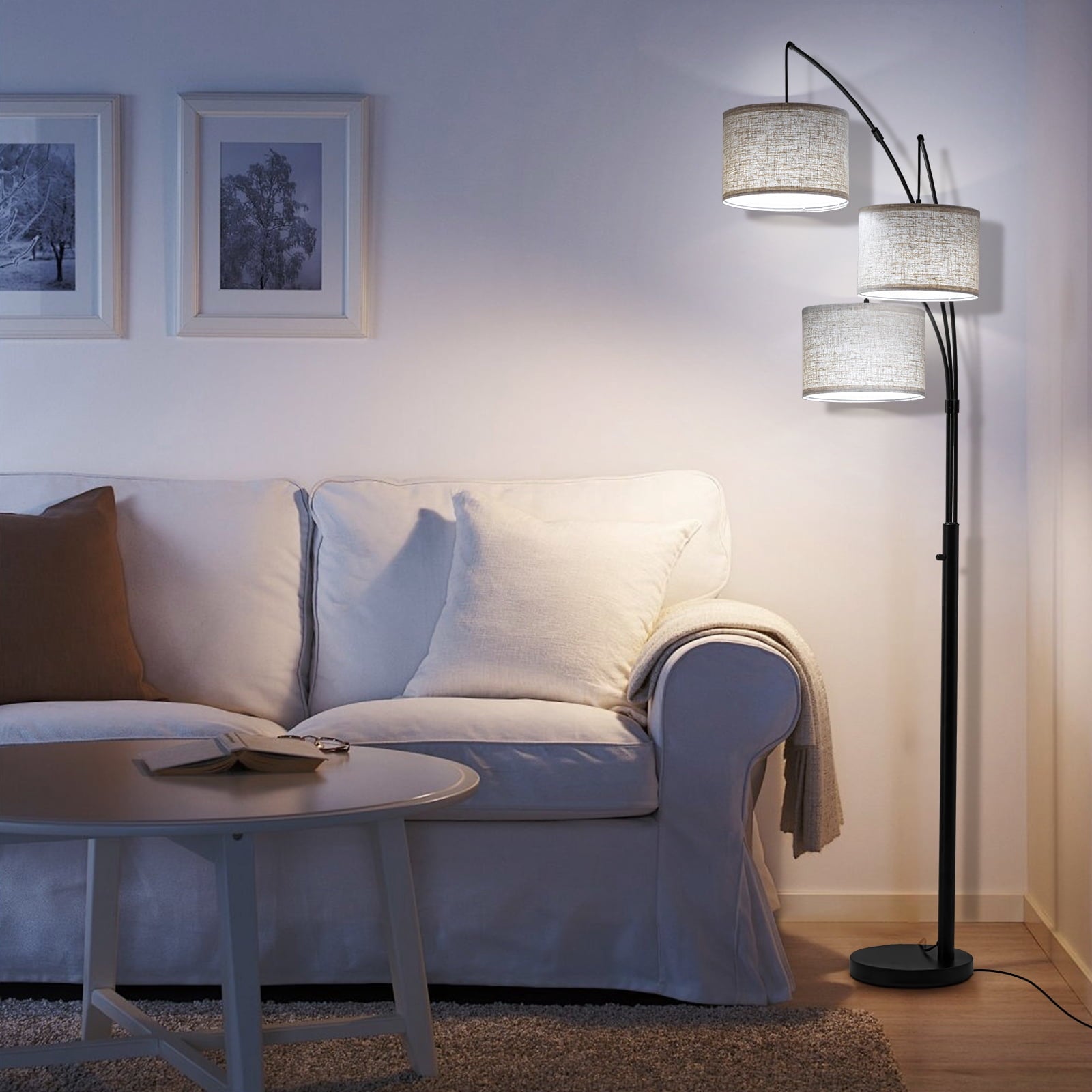 Cozylumi™ Netin 80 3-Light Modern Dimmable Black Arc Floor Lamp with Beige Shades