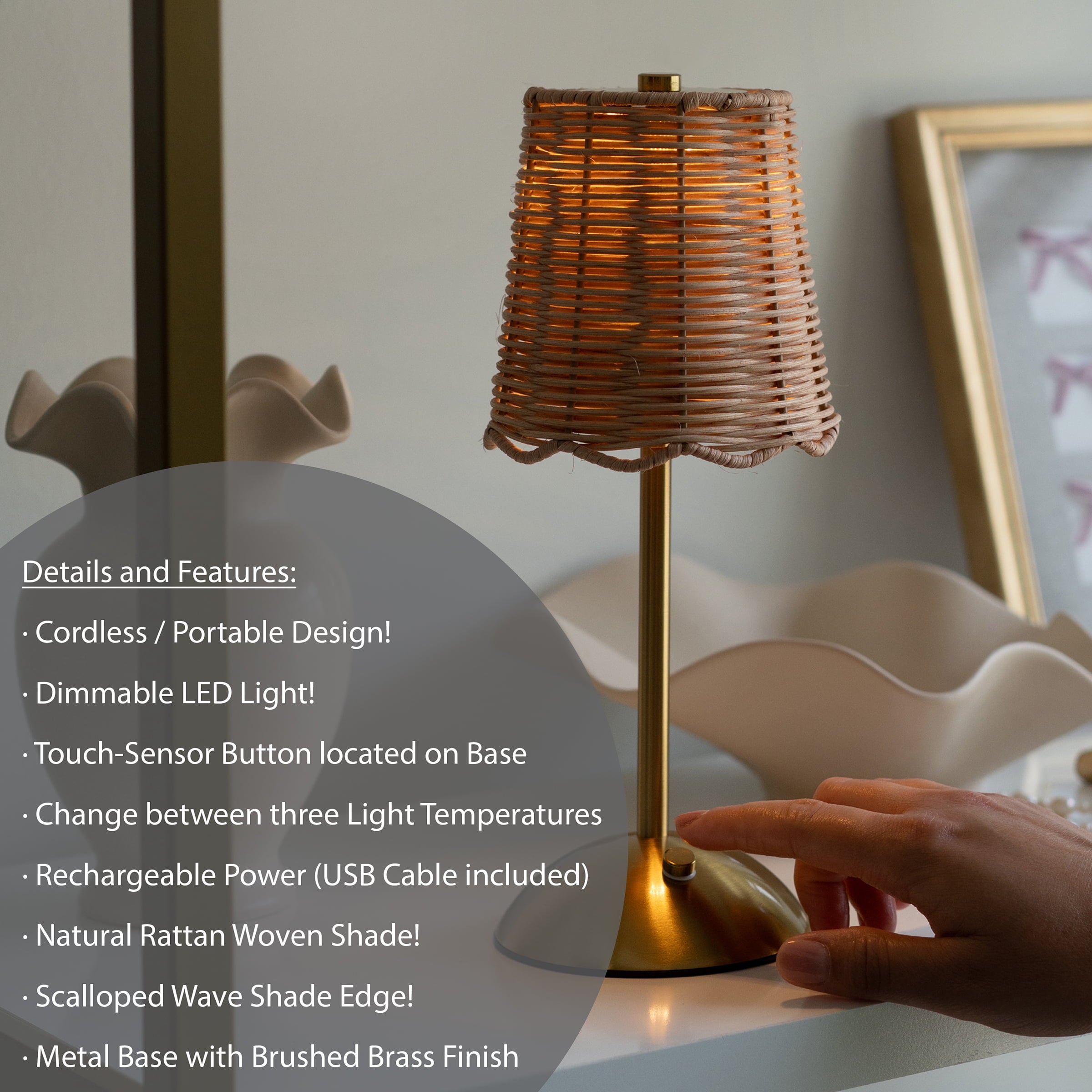 Cozylumi™ Cordless Indoor Rattan and Gold Colored Table Lamp with Touch Switch/Dimmer