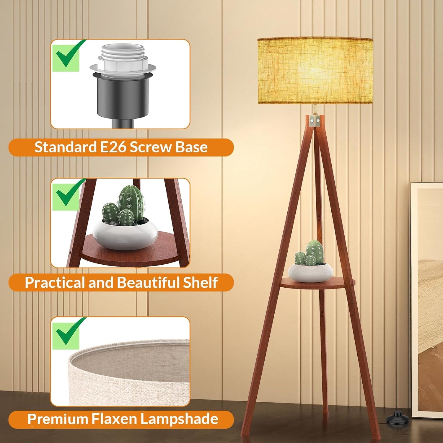Cozylumi™ Tripod Floor Lamp, Mid Century Wood Standing Lamp, Modern Design Shelf Floor