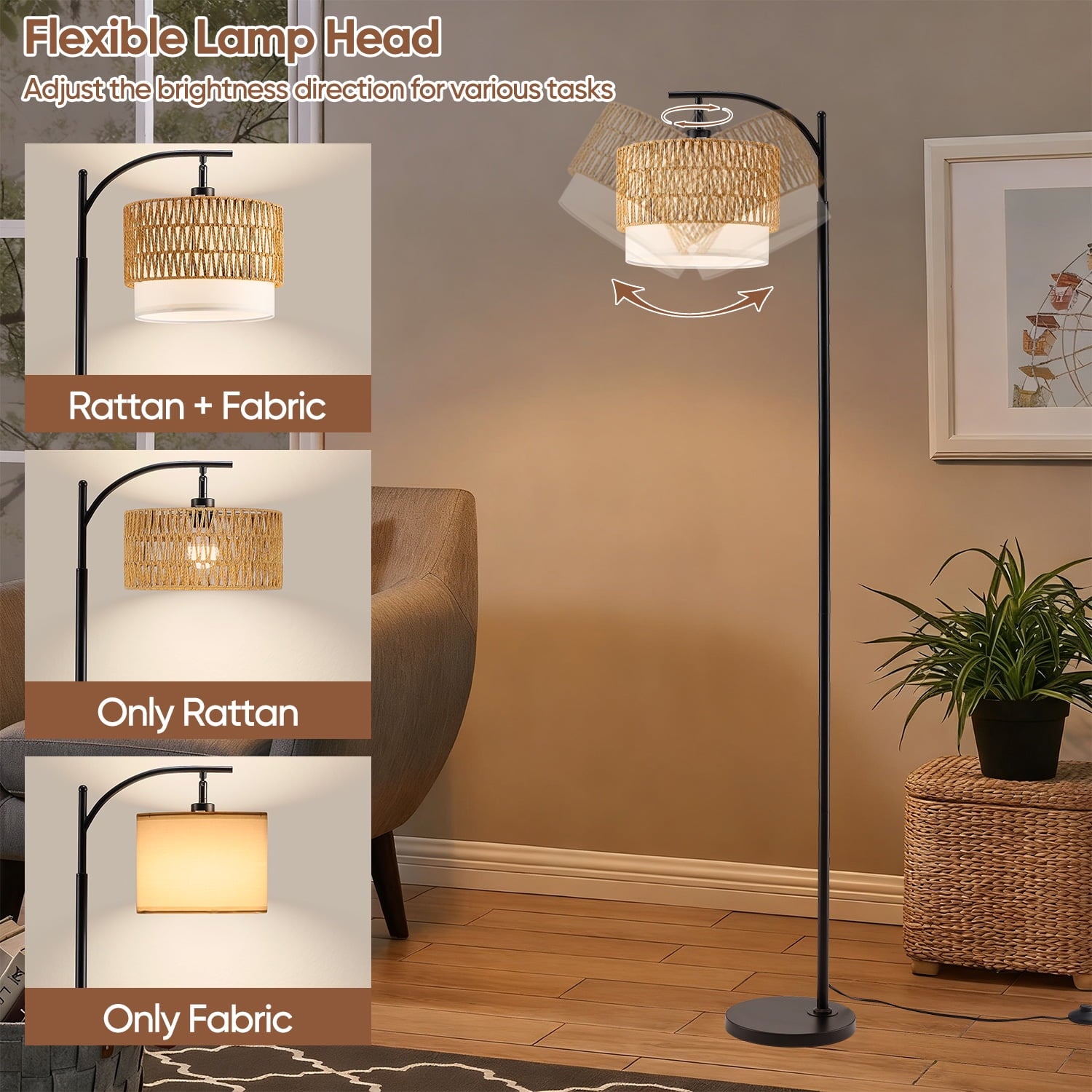 Cozylumi™ Vesteel Floor Lamp for Living Room, Rattan Standing Lamp with Adjustable