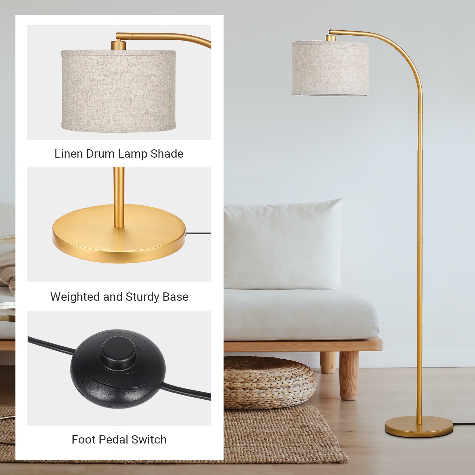 Cozylumi™ DEWENWILS 63.4-Inch Modern Arc Gold Floor Lamps for Living Room, Metal