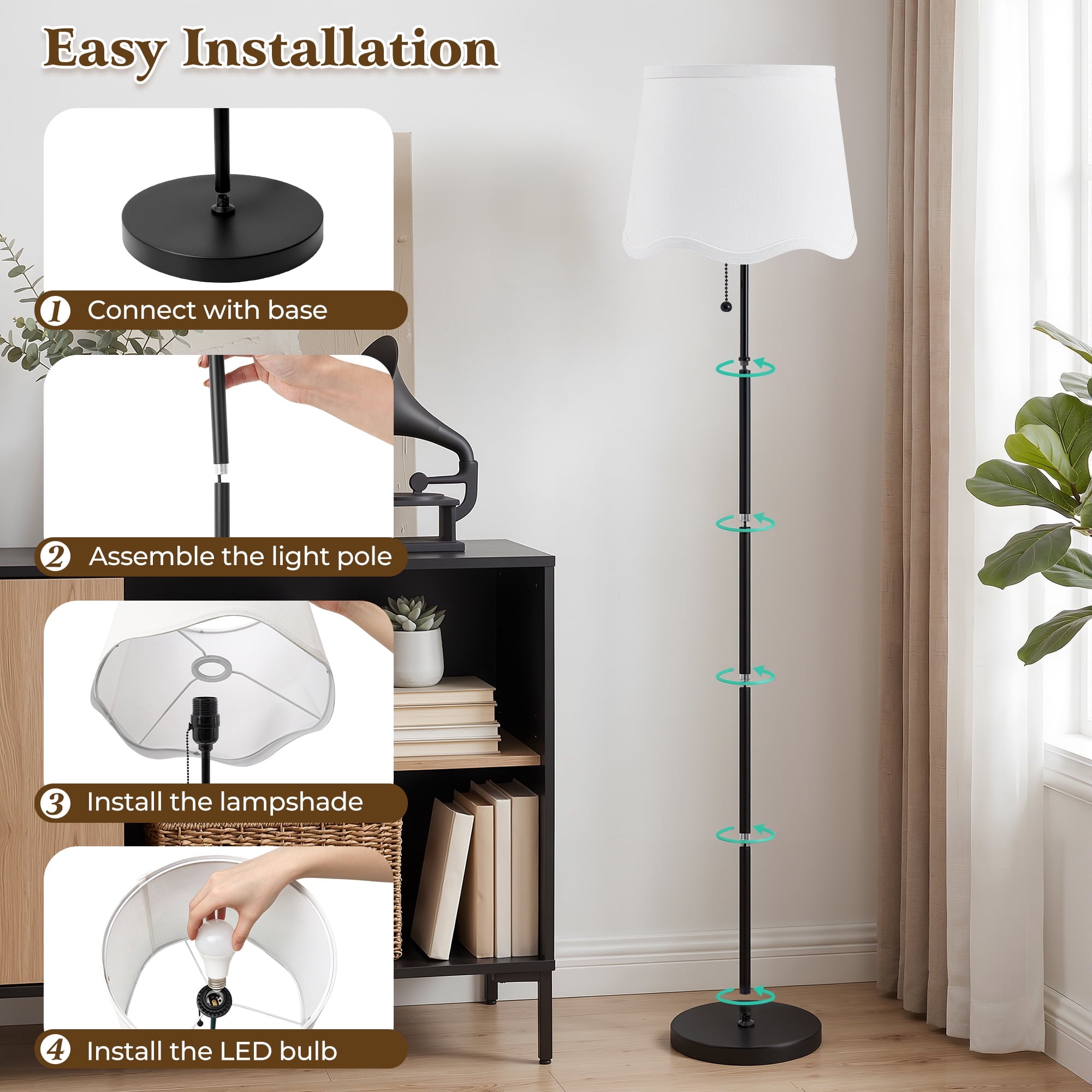 Cozylumi™ 60 Inch Adjustable Color Floor Lamp Pull Chain Light with Bulb for Home