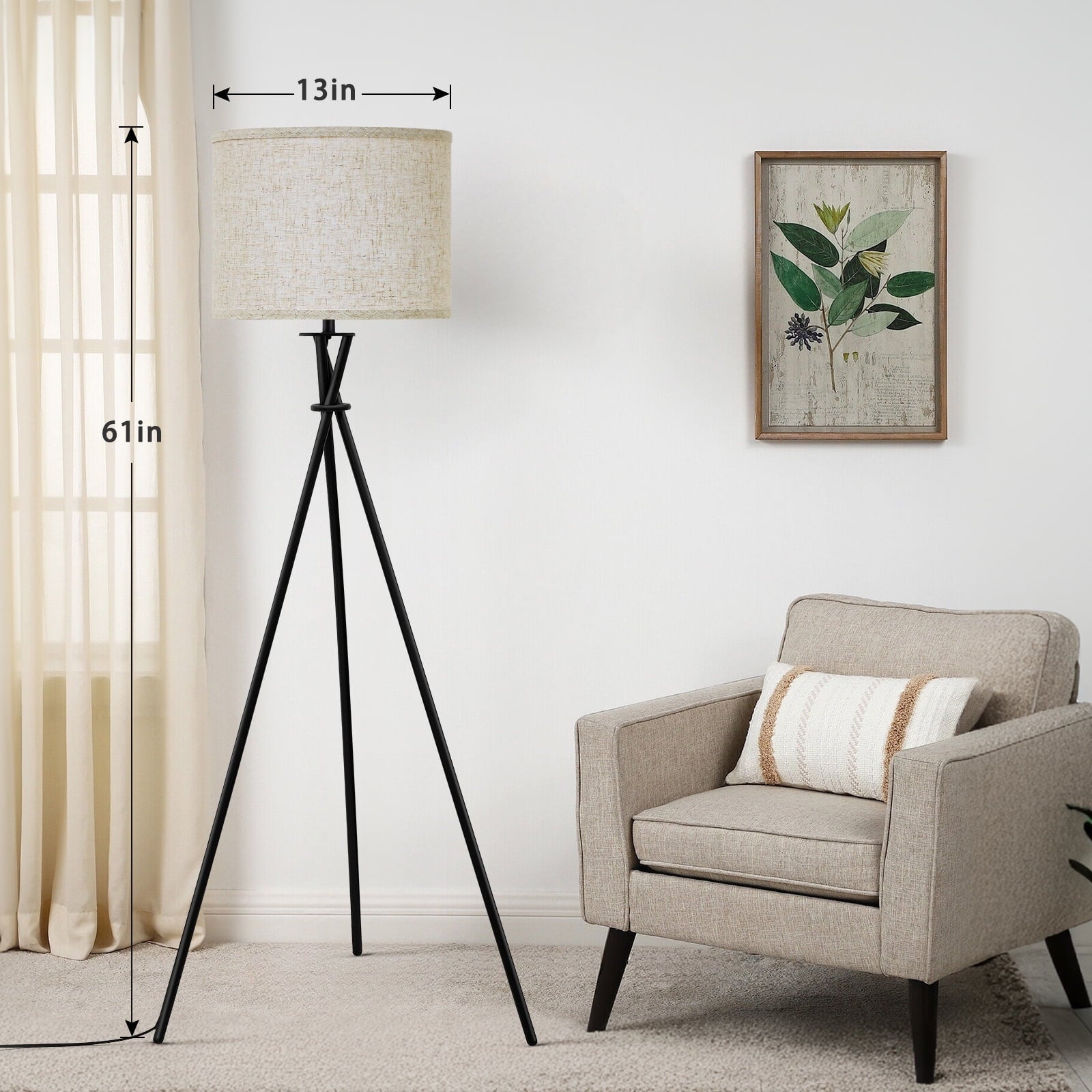 Cozylumi™ Black Tripod Floor Lamp, Mid Century Standing Lamp for Living Room,61" Tall