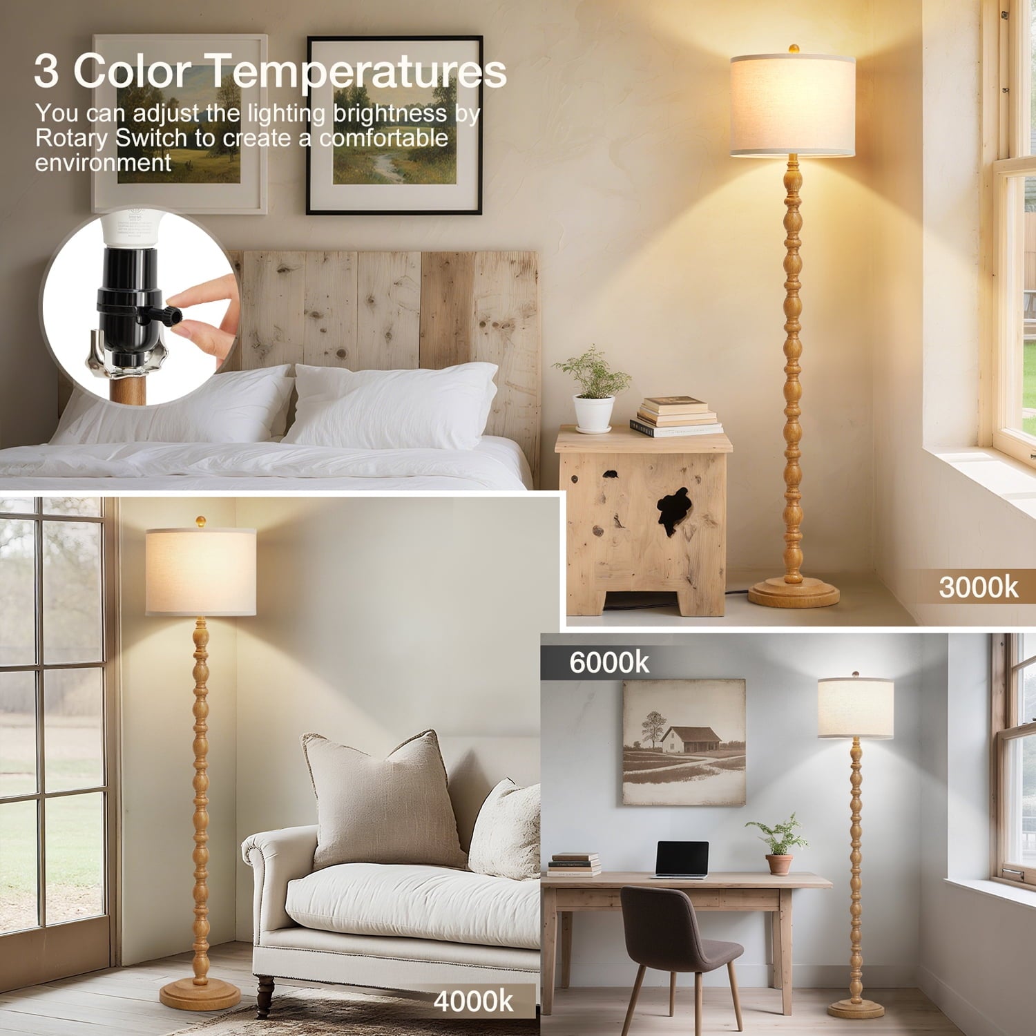 Cozylumi™ Rustic Floor Lamp with 3 Color Temperatures, 62" Resin Farmhouse Standing
