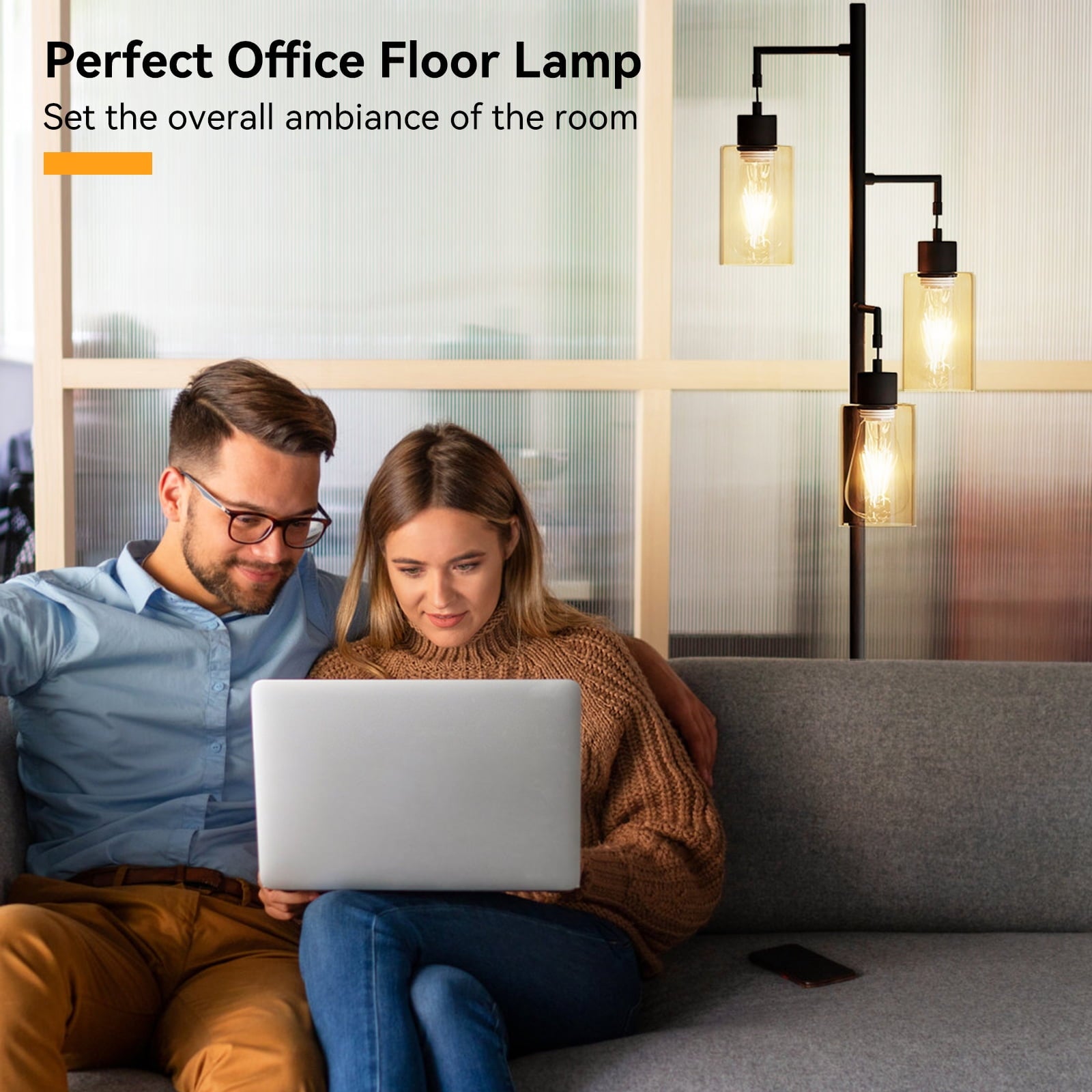 Cozylumi™ DRNANLIT 3-Light Industrial Floor Lamp with Clear Glass Shades, Black