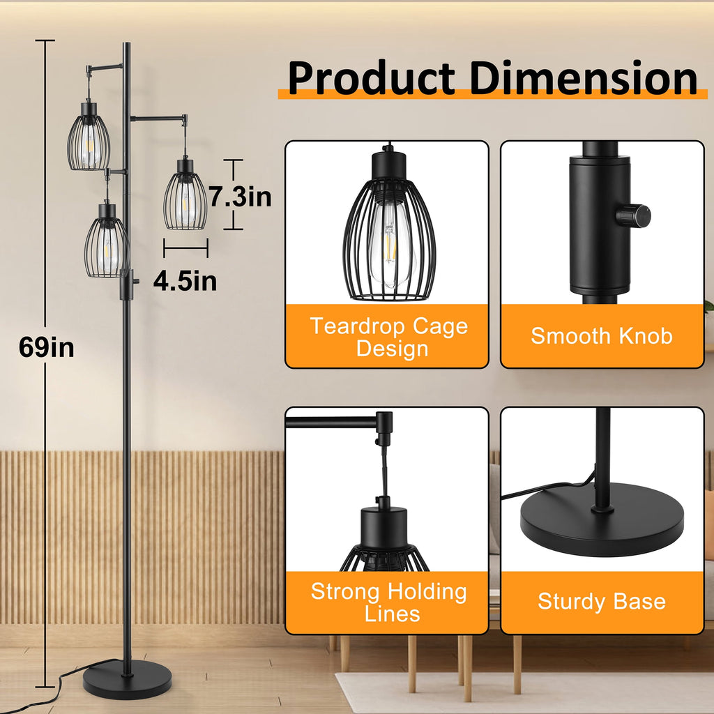 Cozylumi™ Vesteel Standing Lamp, Farmhouse Lamp with 3 Teardrop Cage and Bulbs
