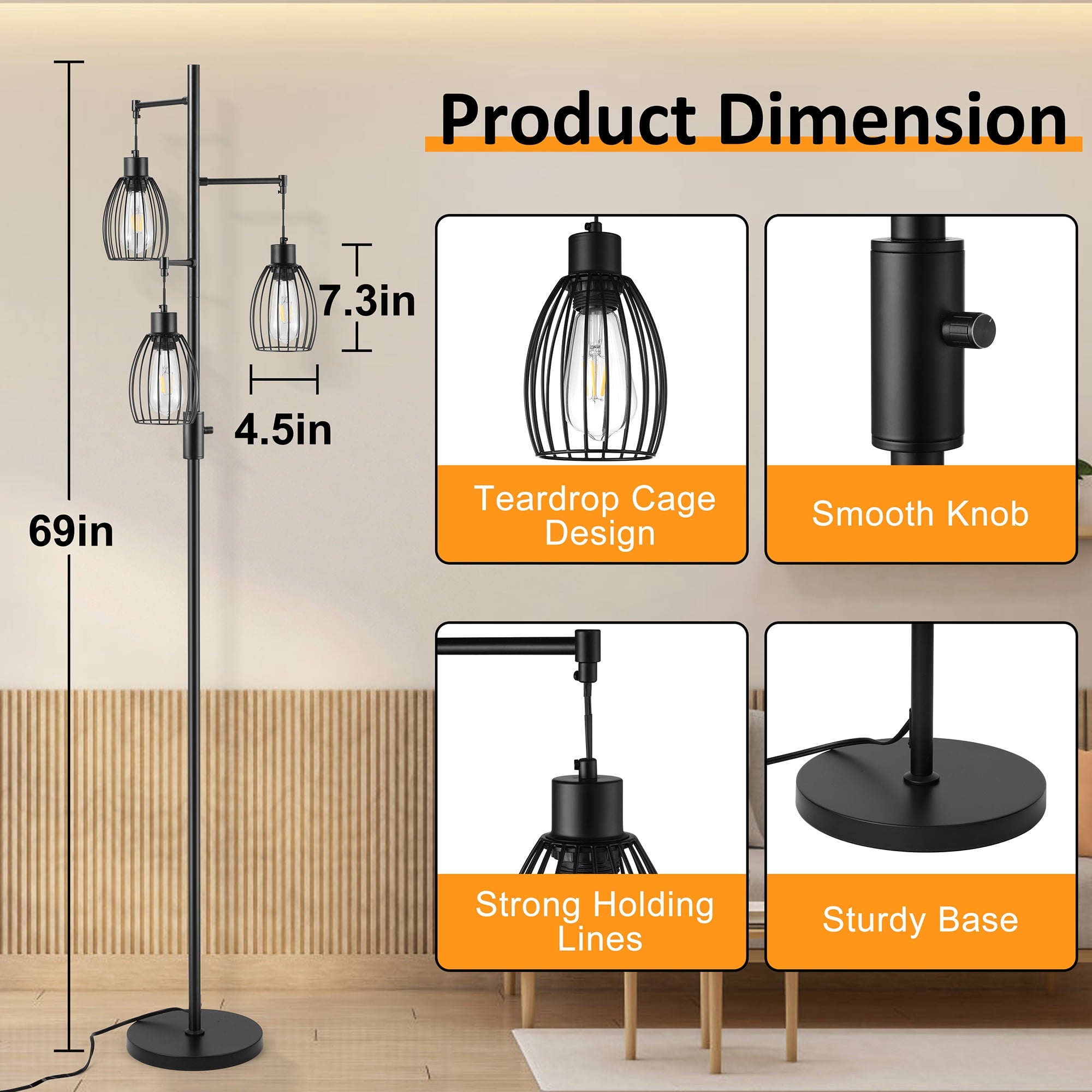 Cozylumi™ Vesteel Standing Lamp, Farmhouse Lamp with 3 Teardrop Cage and Bulbs
