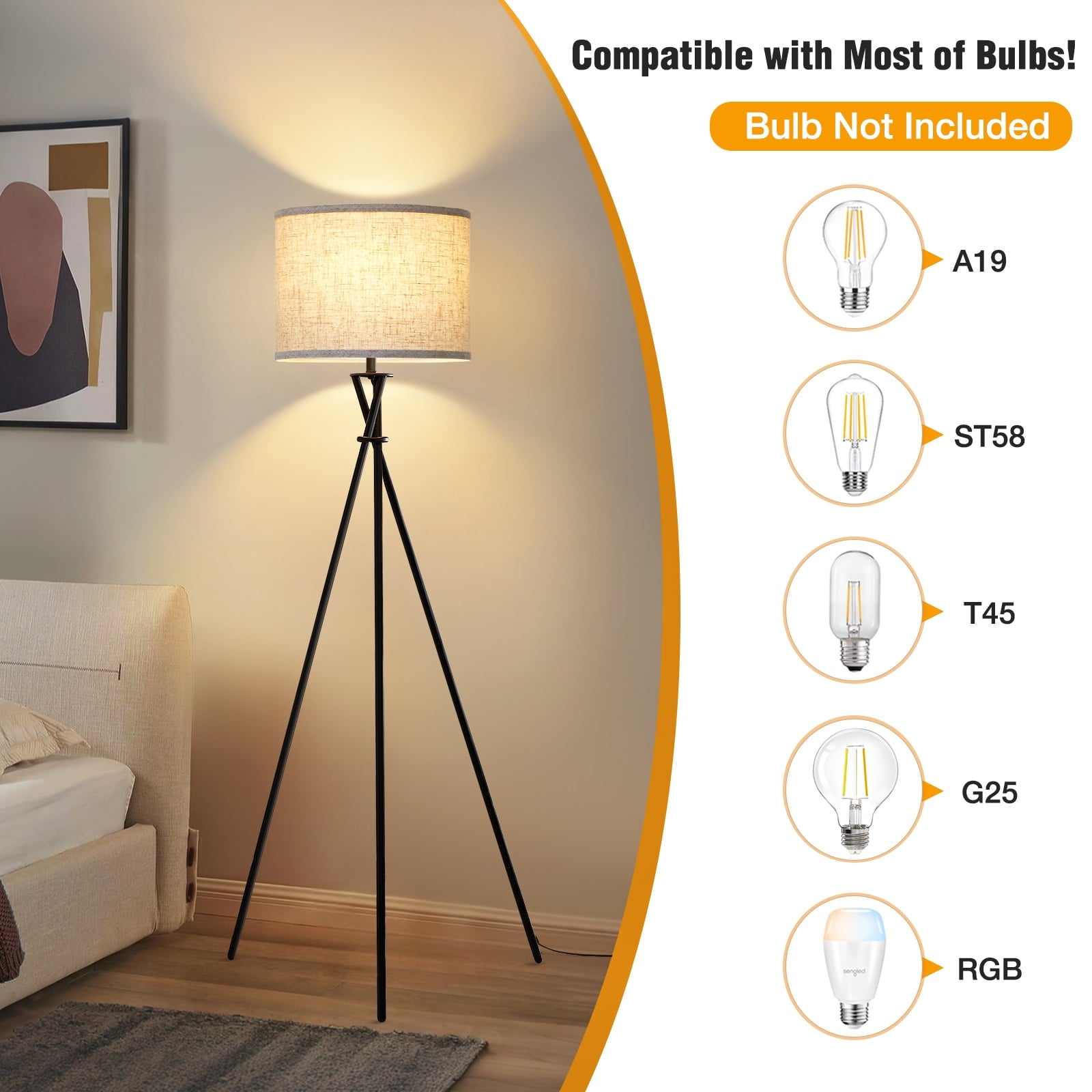 Cozylumi™ Black Tripod Floor Lamp, Mid Century Standing Lamp for Living Room,61" Tall
