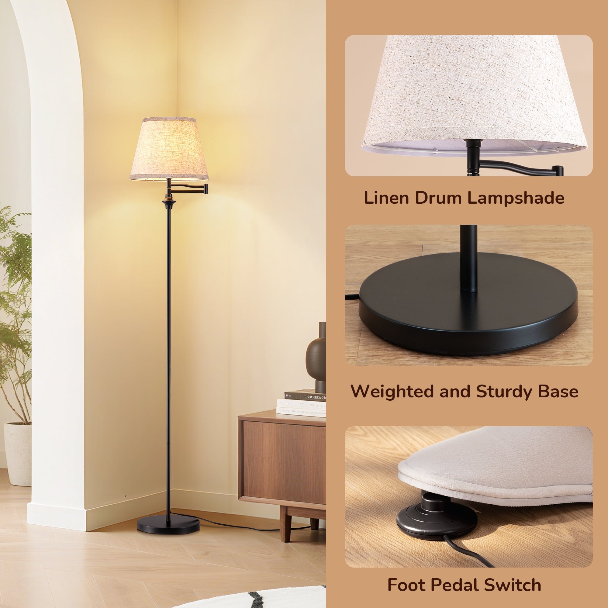 Cozylumi™ 62in Floor Lamps with Swing Arm for Living Room, Retro 350° Adjustable