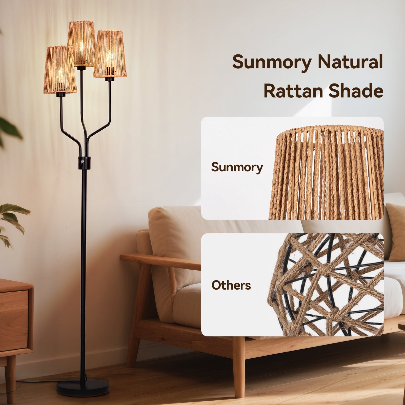 Cozylumi™ Rattan Floor Lamp, Floor Lamps for Living Room with 3 Tier Dimmable Lighting