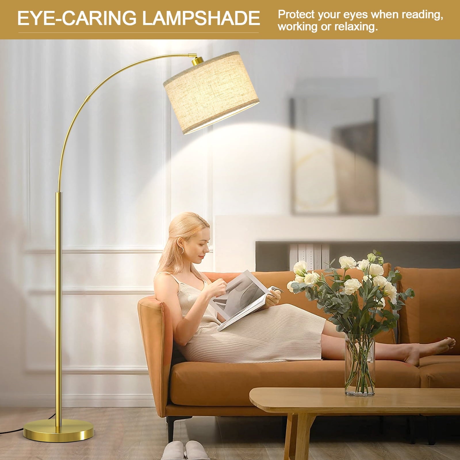 Cozylumi™ Gold Modern Arc Floor Lamp, Tall Pole Lamp with On/Off Foot Switch