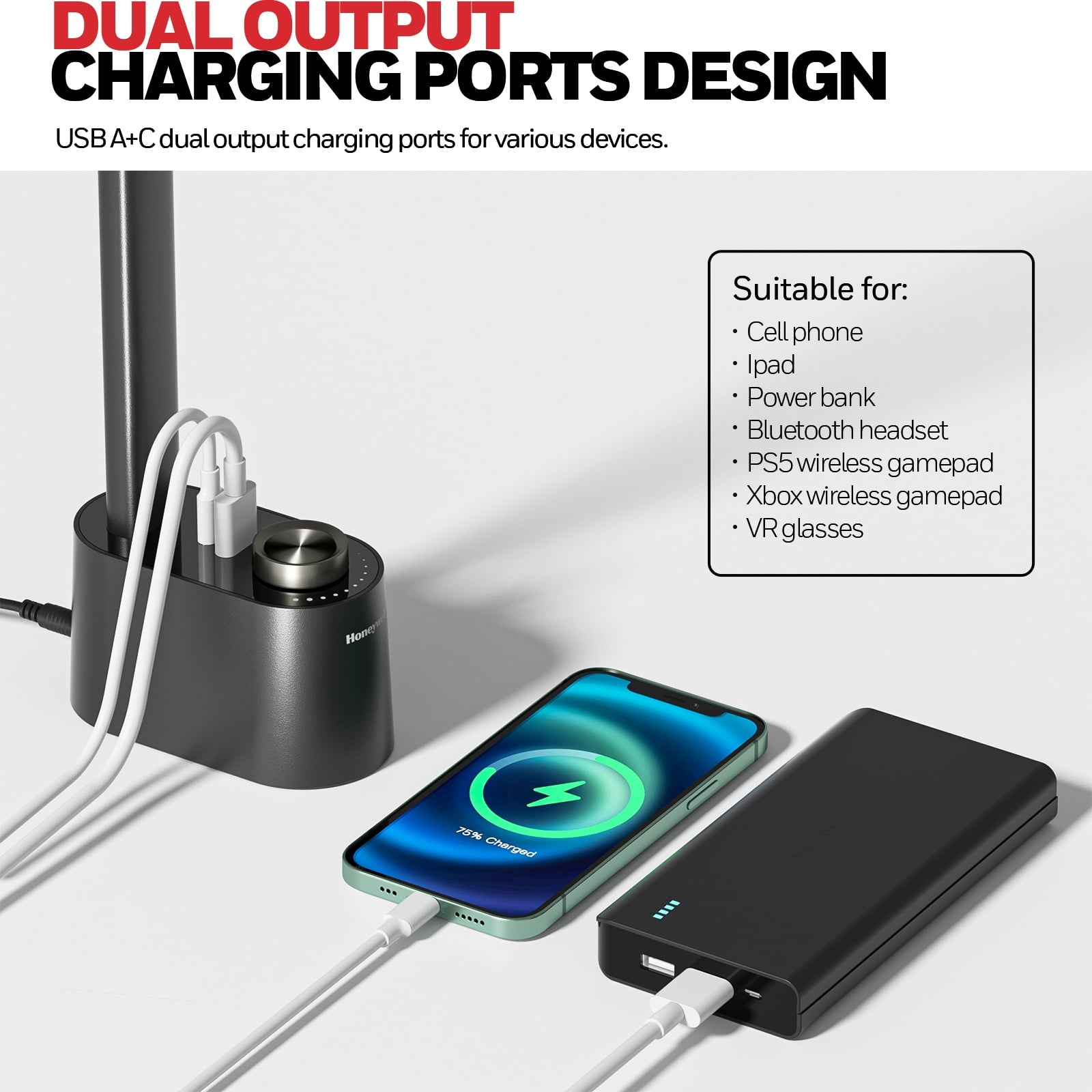 Cozylumi™ Honeywell Desk Lamp Home Office - LED Lighting with Charging Station A+C USB